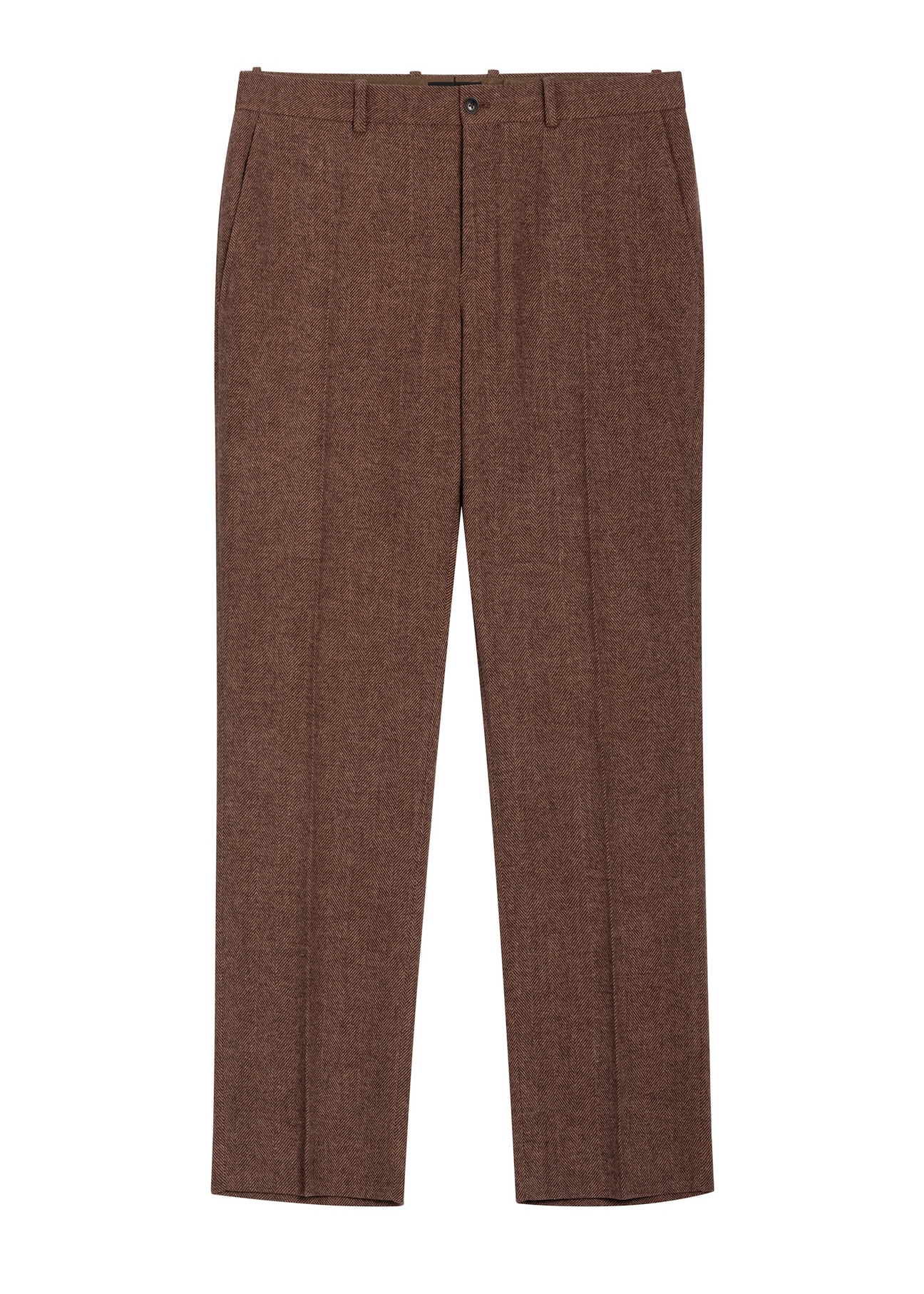 Brązowe eleganckie spodnie męskie z wełną SPOMT-0123-1I(Z26) - widok produktu z przodu, na białym tle. 