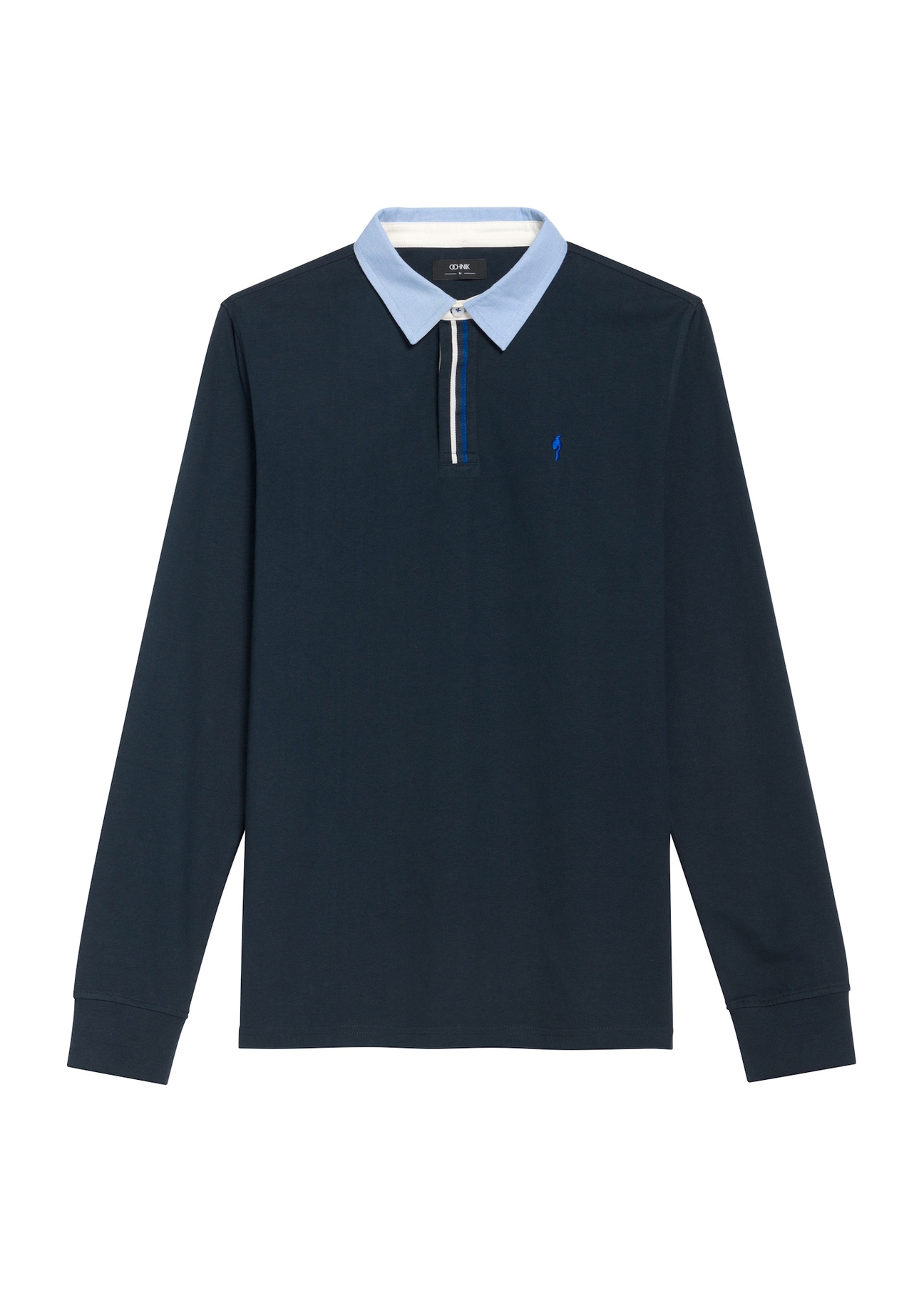 Granatowy longsleeve męski z kołnierzykiem LSLMT-0009-68(Z25) - widok produktu z przodu na białym tle. 
