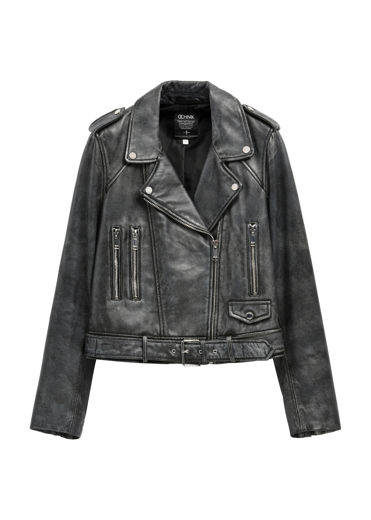 Skórzana kurtka damska w kolorze szarym KURDS-0371-9D(W26) - widok produktu z przodu, na białym tle. 