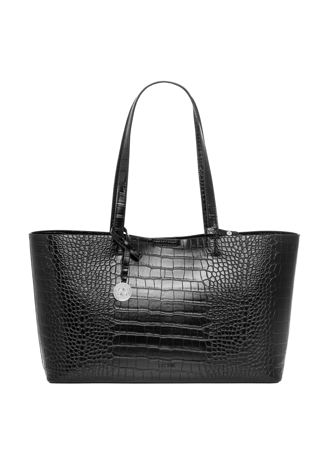 Czarna torebka damska croco TOREC-1258-9G(Z26), widok produktu od przodu na białym tle.