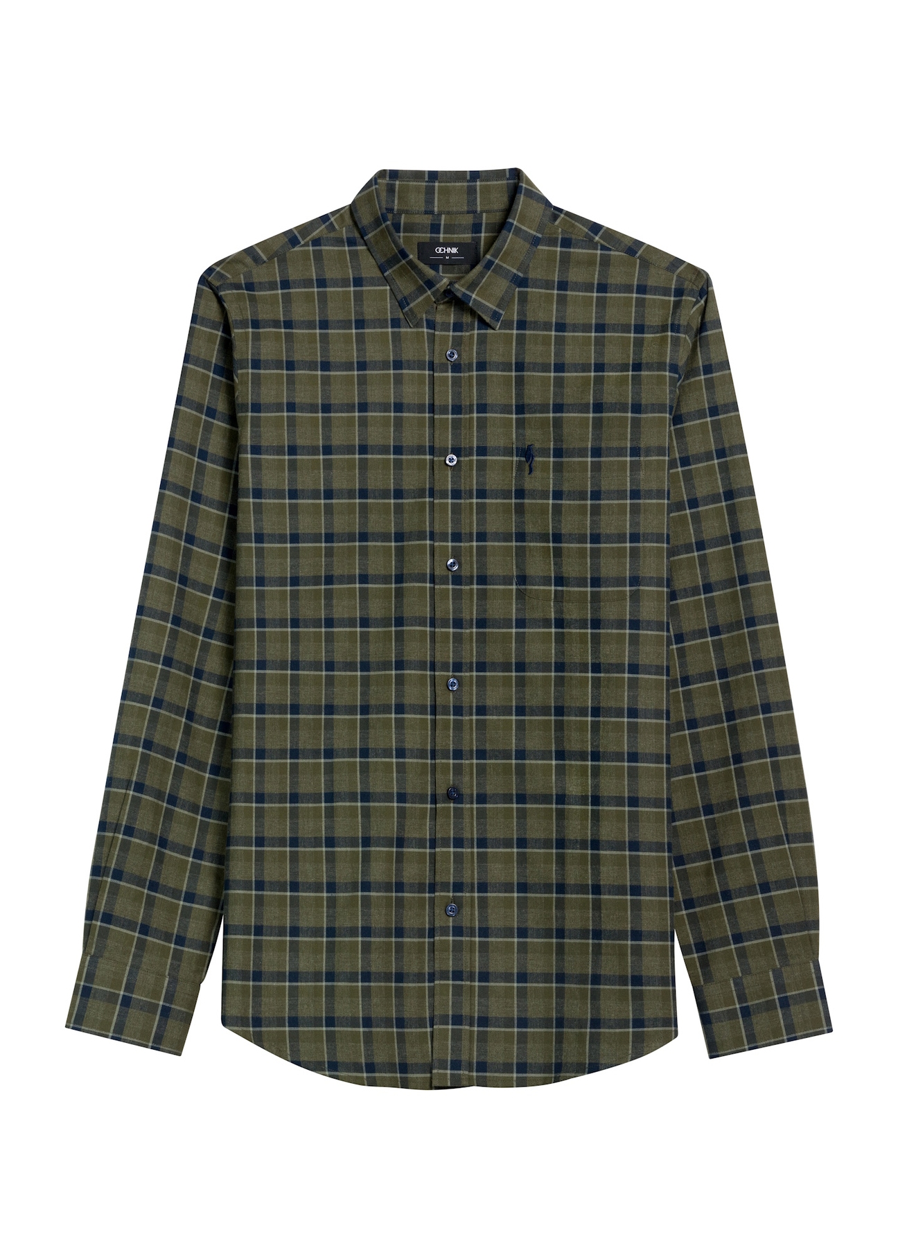 Koszula męska w kratę khaki KOSMT-0333-55(Z25), widok produktu z przodu na białym tle.