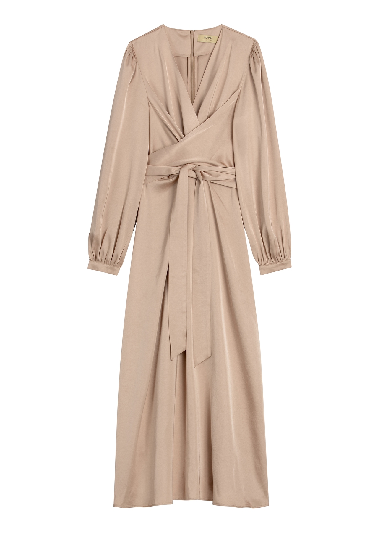 Beżowa sukienka midi SUKDT-0263-1B(W26) - widok produktu z przodu, na białym tle. 