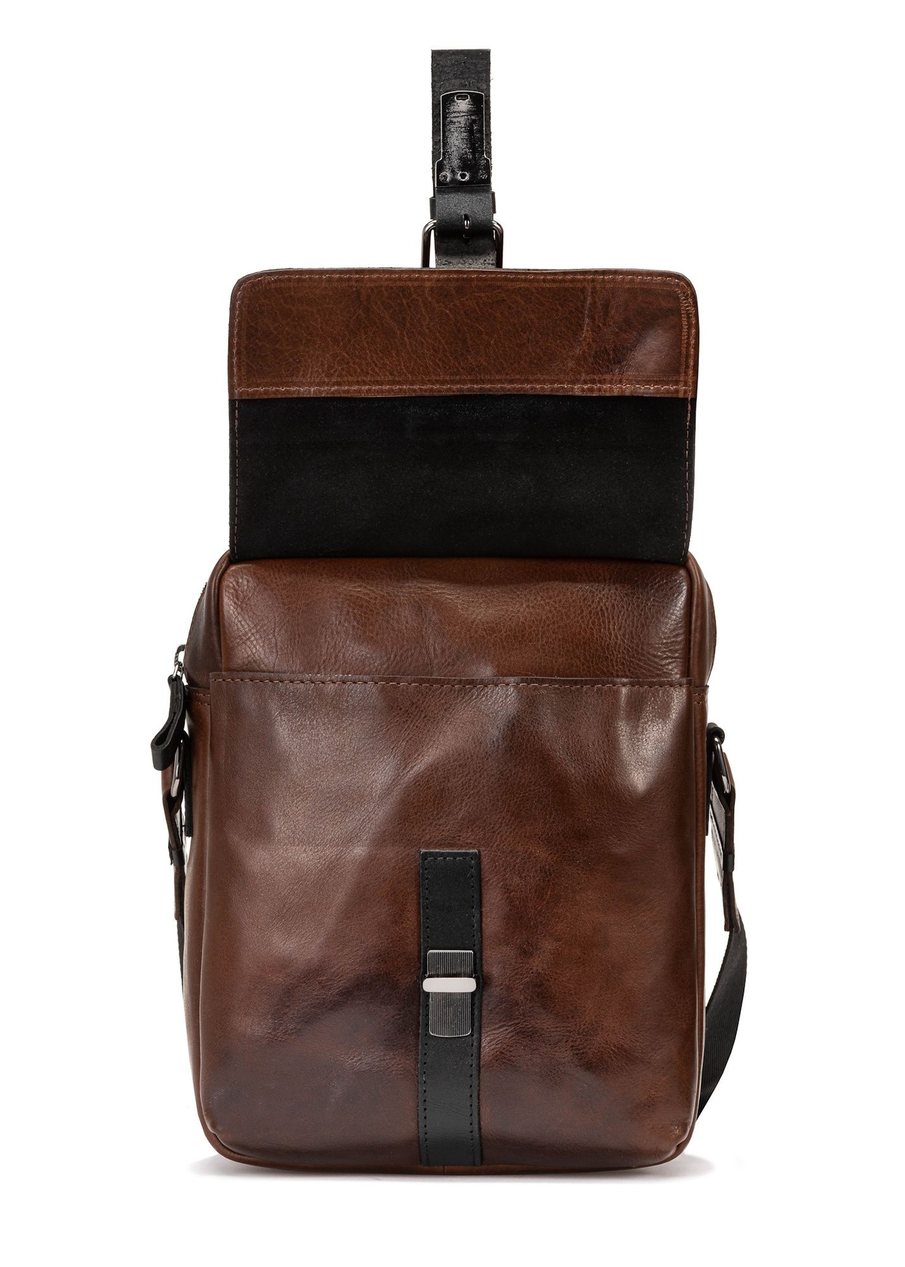 Skórzana brązowa torba męska TORMS-0104-1H(W26), widok produktu z przodu na białym tle.