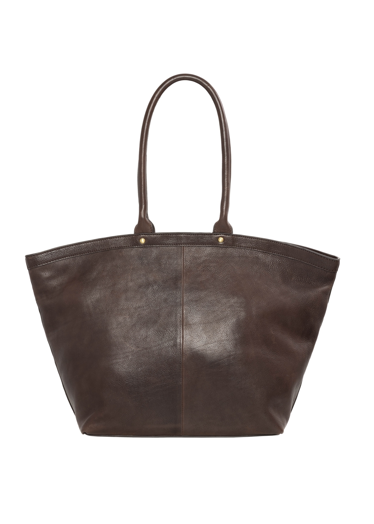 Brązowa skórzana torebka damska typu shopper TORES-1380-1H(Z26), widok produktu z tyłu na białym tle.