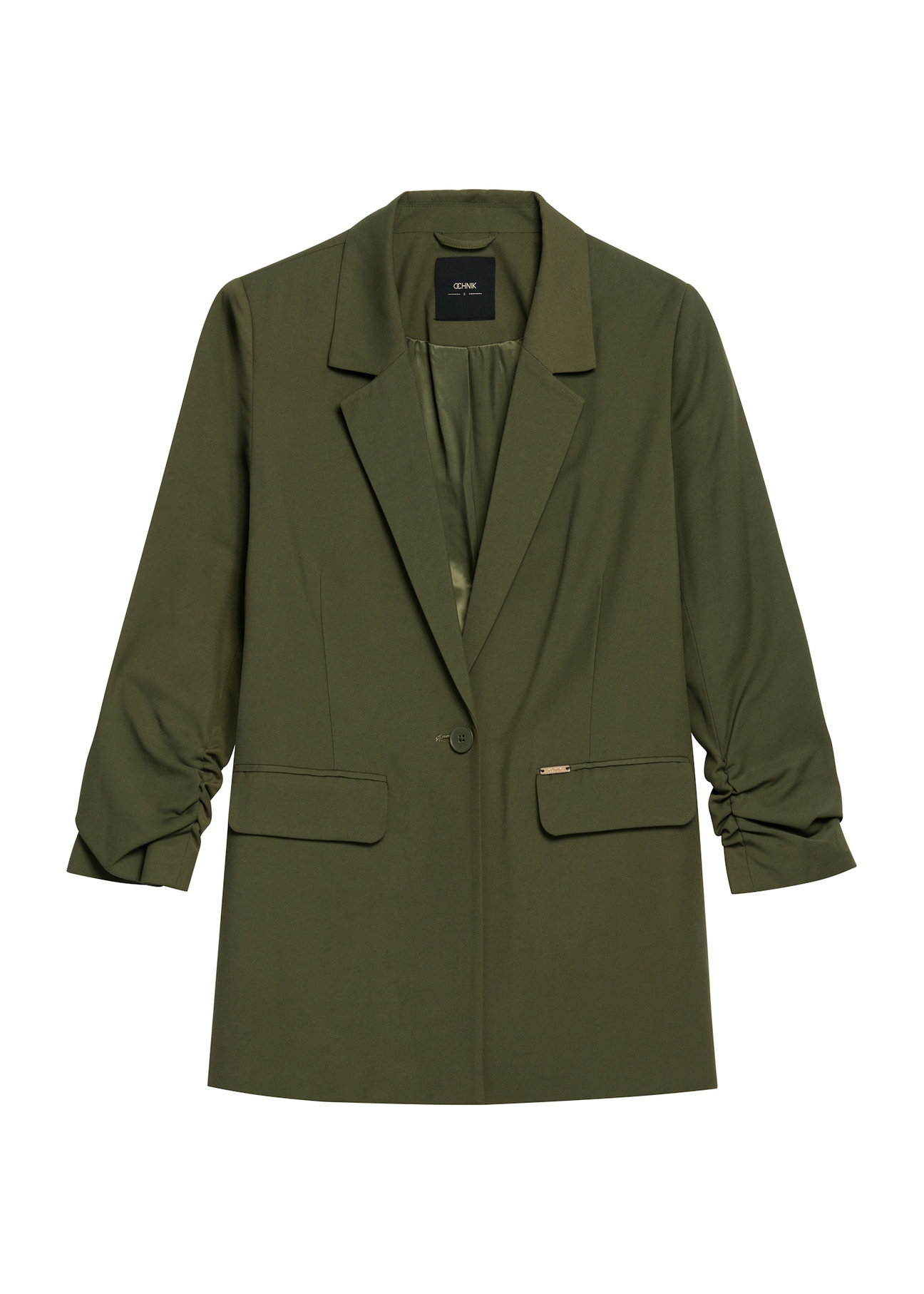 Marynarka damska w kolorze khaki ZAKDT-0043-55(Z25), widok produktu z przodu na białym tle.