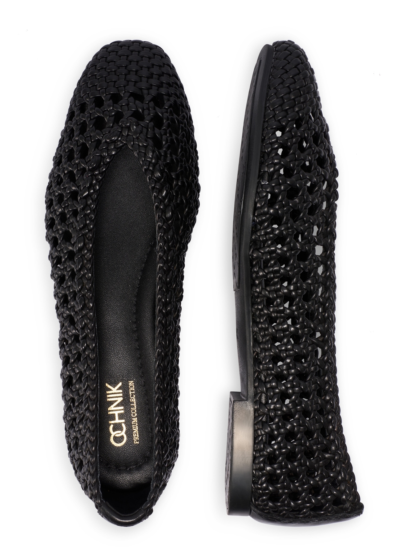 Czarne plecione baleriny damskie BUTYD-1251-99(W26), widok produktu z góry na białym tle.