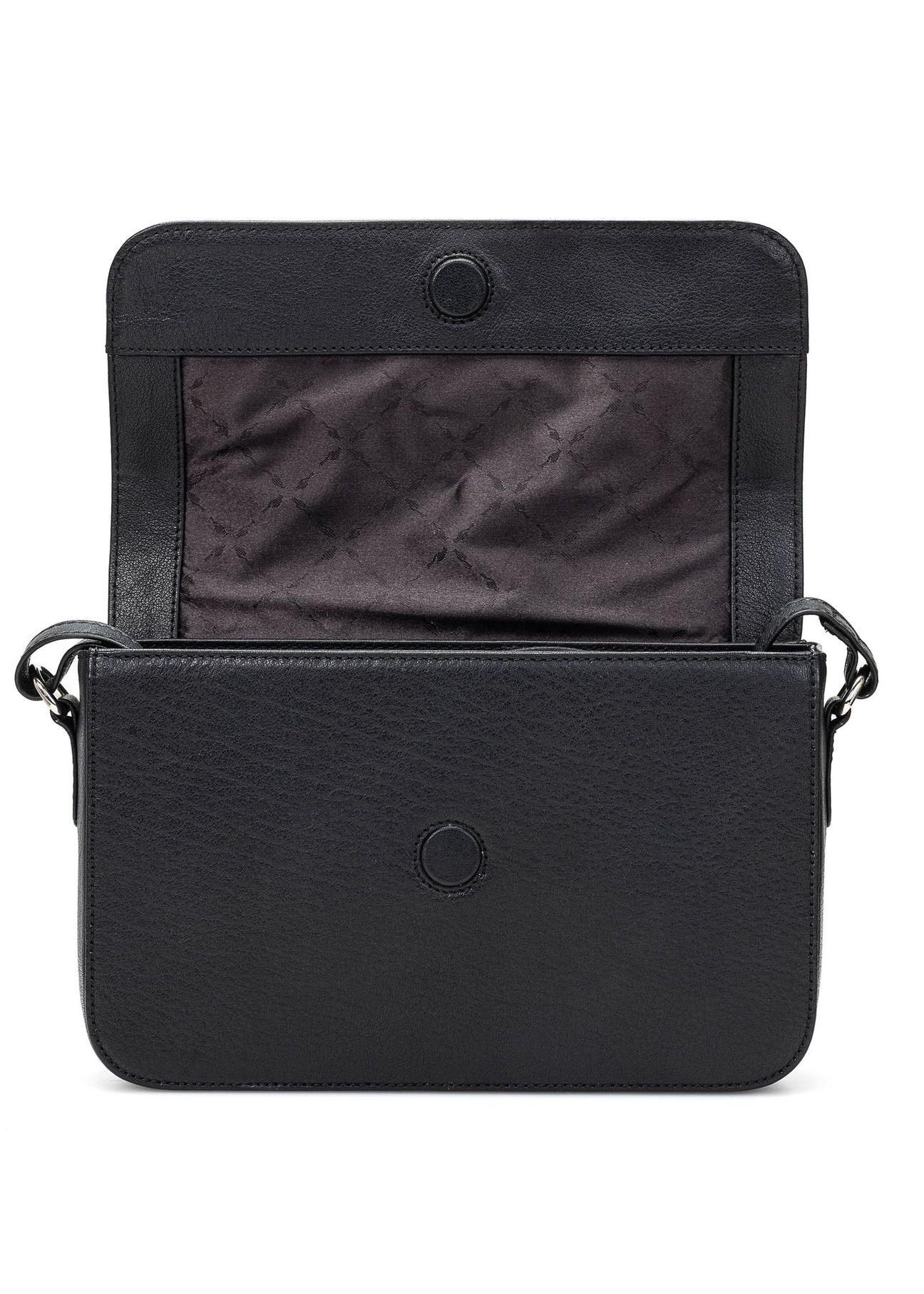 Czarna skórzana listonoszka damska TORES-1245-99(W26) - widok produktu otwartego na białym tle.