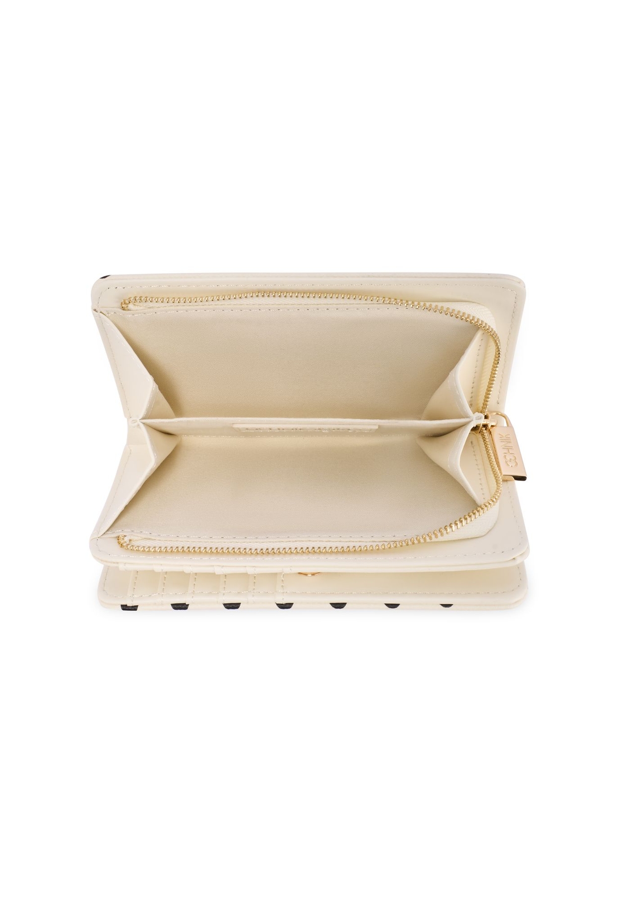 Beżowy portfel damski w grochy POREC-0362-0P(W26) - widok produktu z góry, na białym tle.