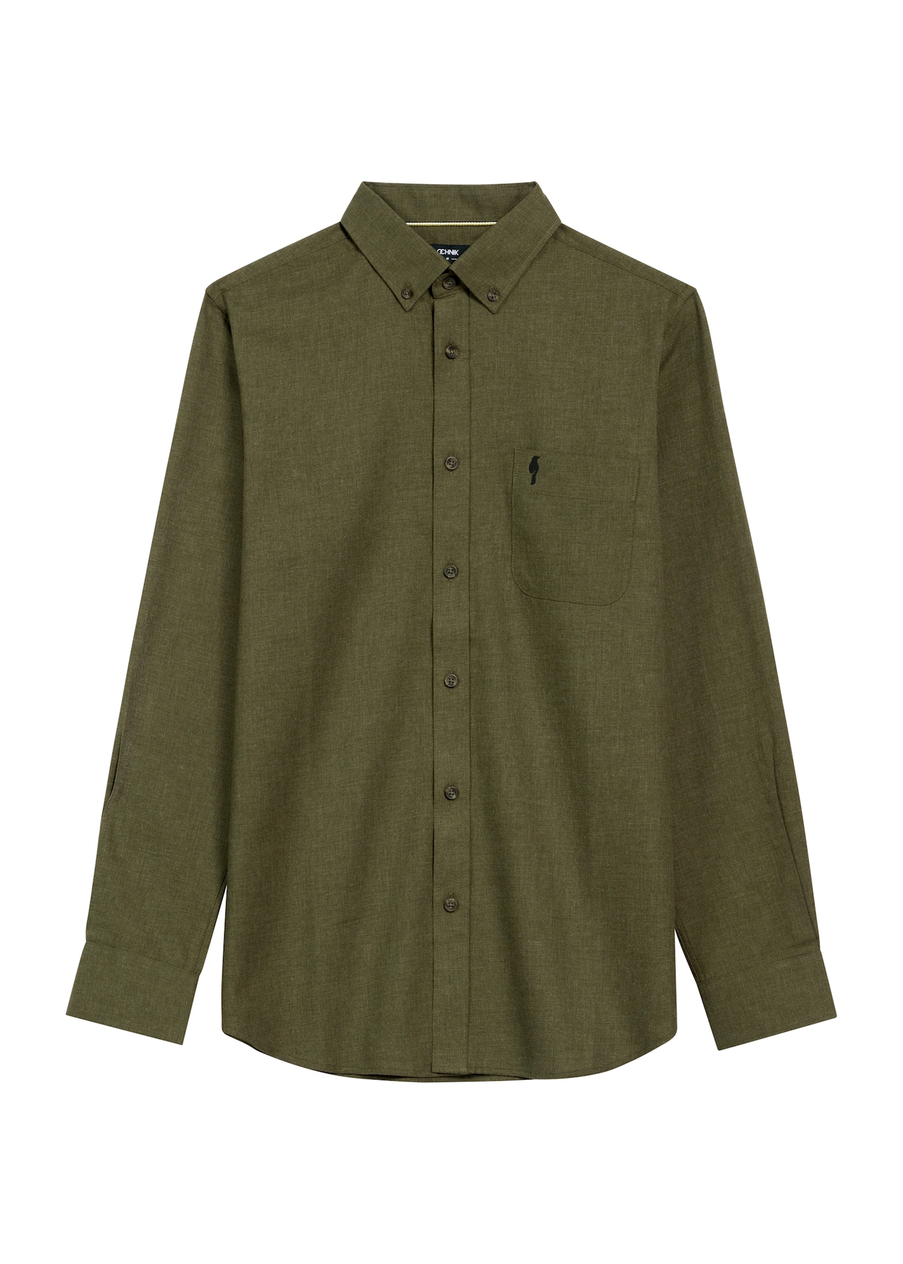 Koszula męska w kolorze khaki KOSMT-0299A-55(Z25), widok produktu od przodu na białym tle.