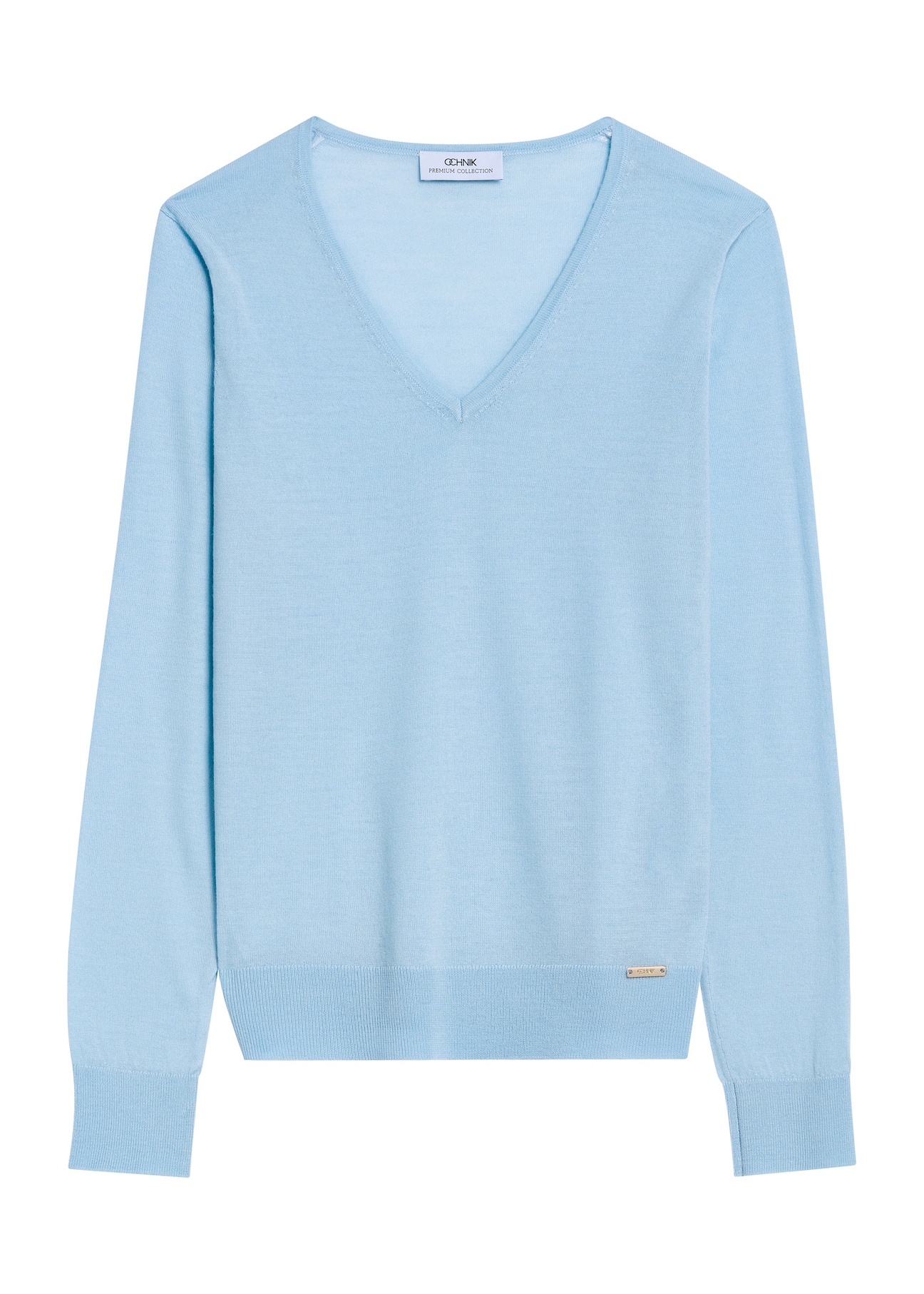 Błękitny sweter damski SWEDT-0250-62(Z25), widok produktu z przodu na białym tle.
