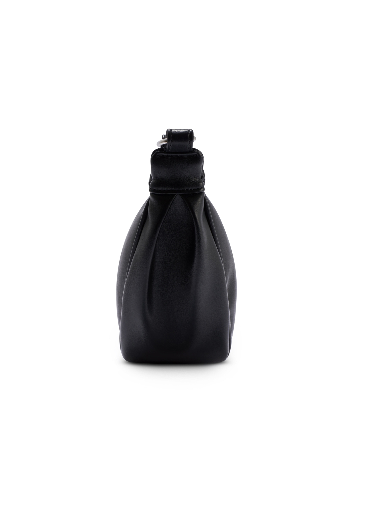 Czarna półokrągła torebka damska TOREC-1146-99(W26), widok produktu z boku na białym tle.