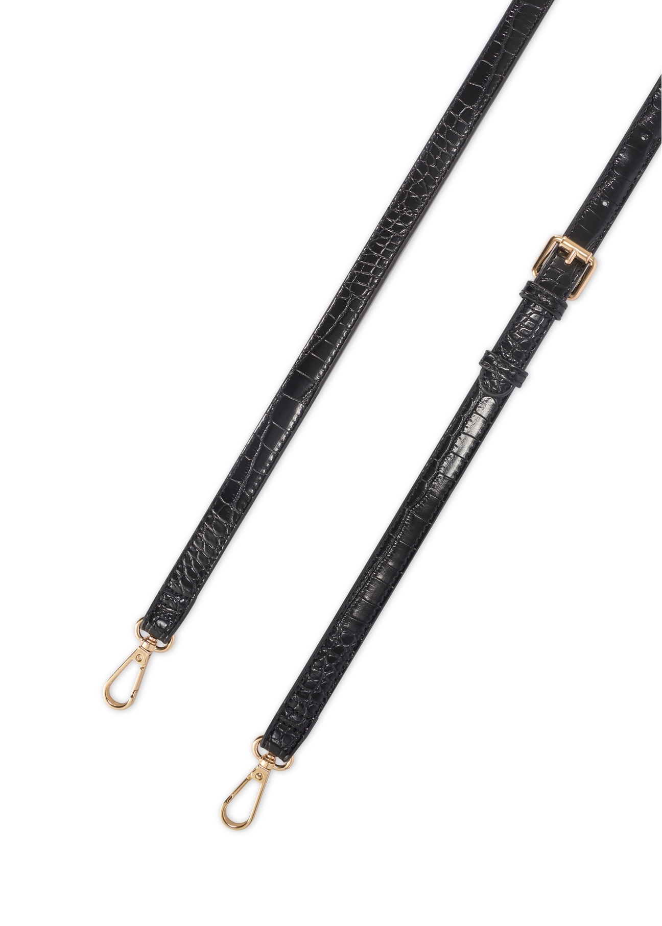 Mała czarna torebka listonoszka damska croco TOREC-1185-9G(W26), widok paska produktu na białym tle.