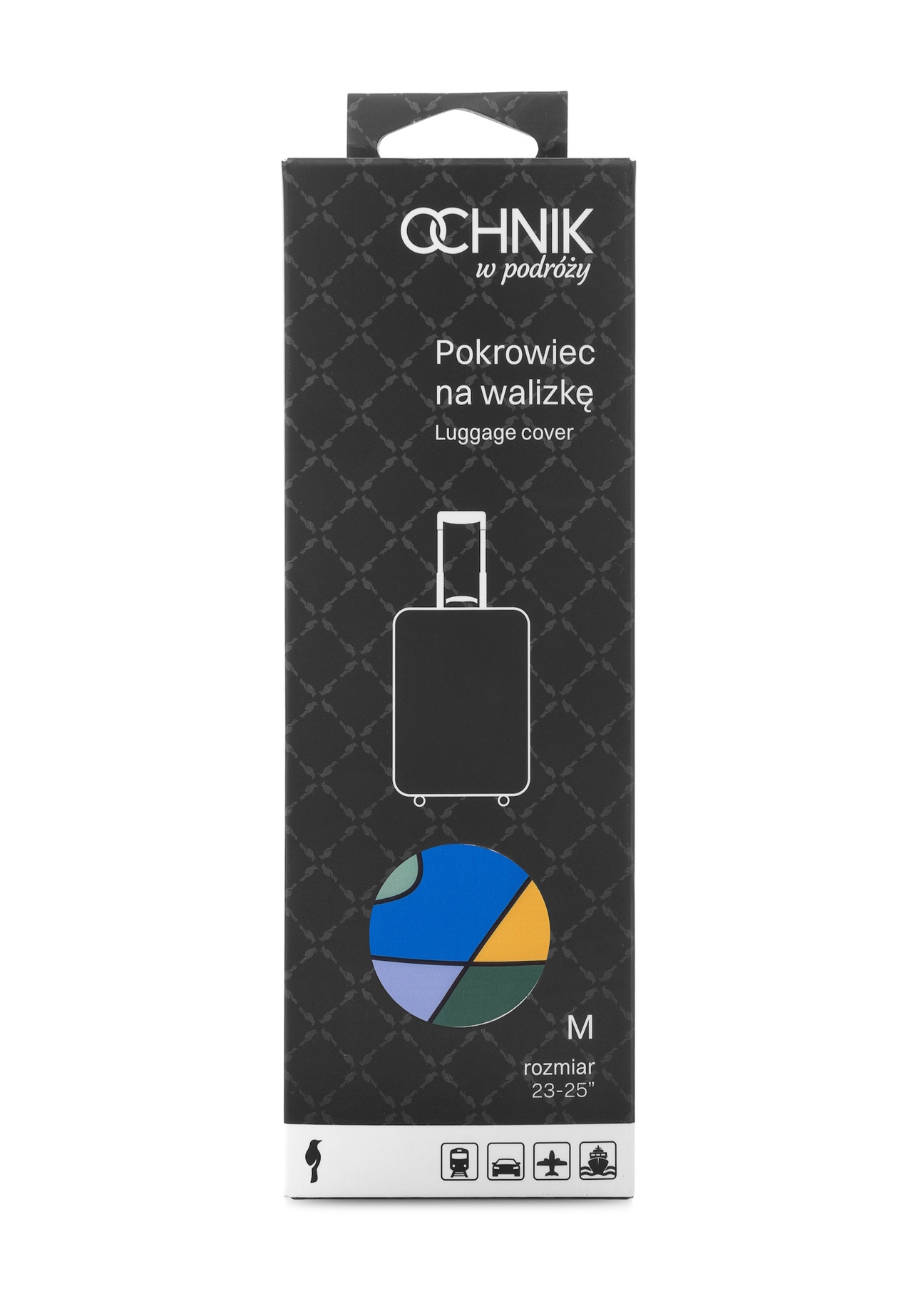 Kolorowy pokrowiec na średnią walizkę AW-013-0003-15-M(W25), widok produktu w opakowaniu na białym tle.