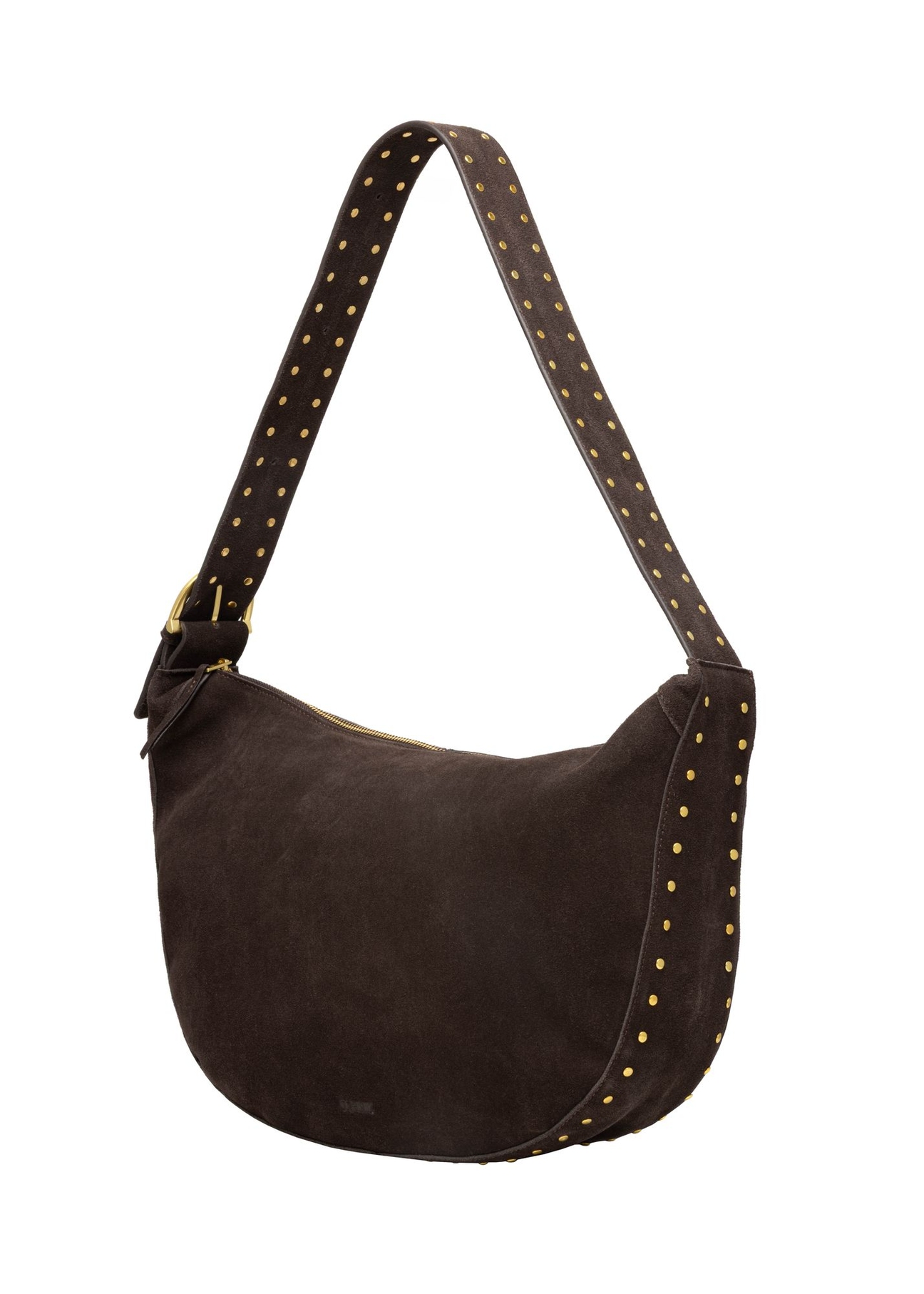 Brązowa zamszowa torebka damska hobo TORES-1384-1I(Z26) - widok produktu po skosie, na białym tle.