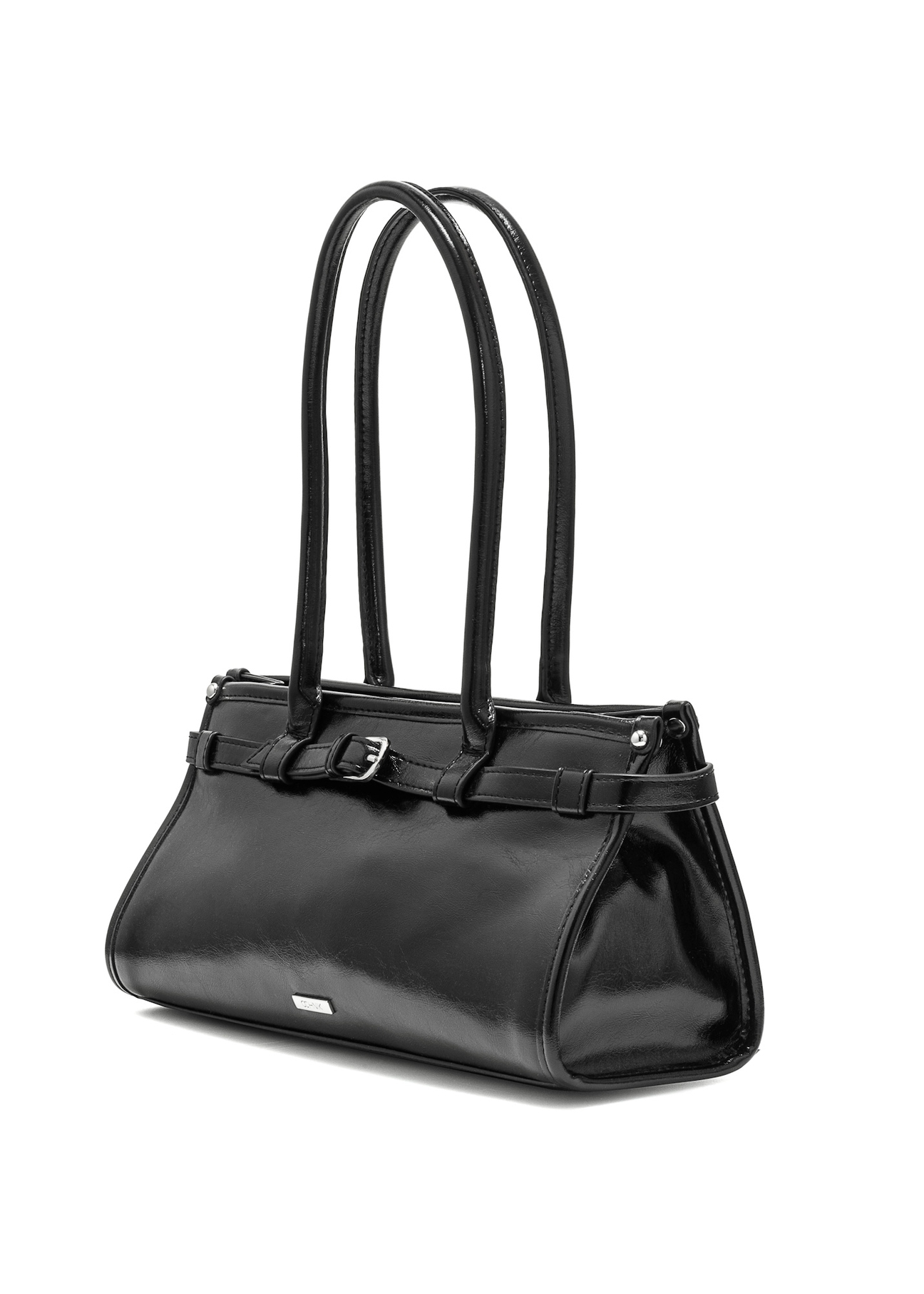 Czarna elegancka torebka damska TOREC-1065-99(Z25), widok skosu produktu na białym tle. 
