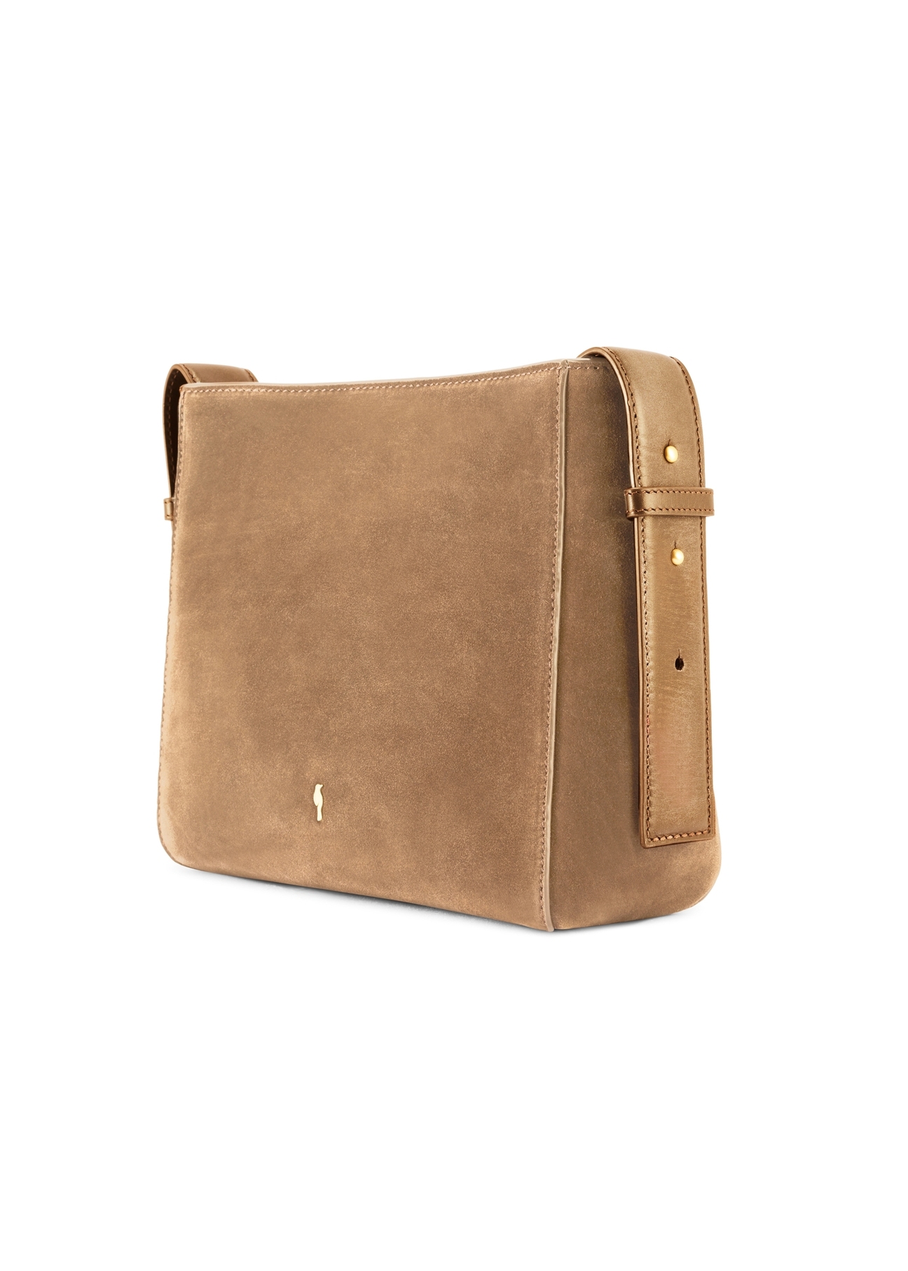 Skórzana torebka damska w kolorze beżowym TORES-1251-1B(W26) - widok produktu po skosie, na białym tle. 