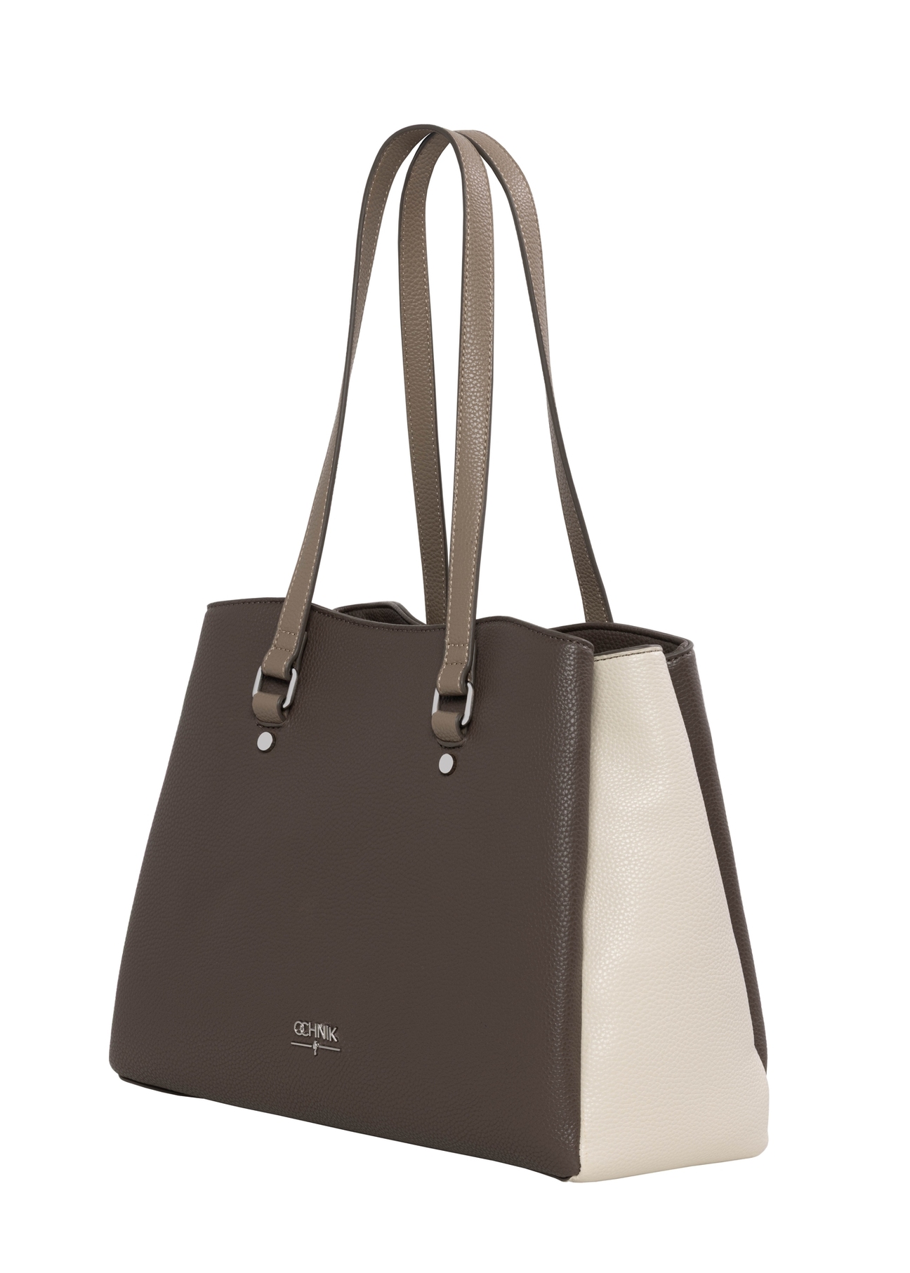 Torebka shopper w kolorze chłodnego beżu TOREC-1260-1K(Z26), widok produktu skosem na białym tle.