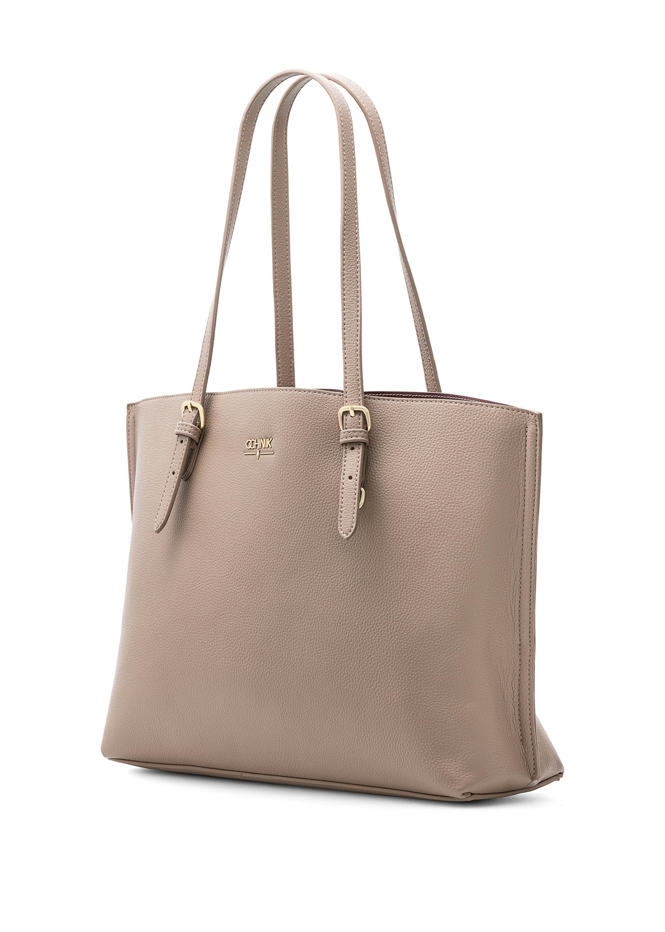 Beżowa duża torba shopper TOREC-1088-81(Z25), widok produktu skosem na białym tle.
