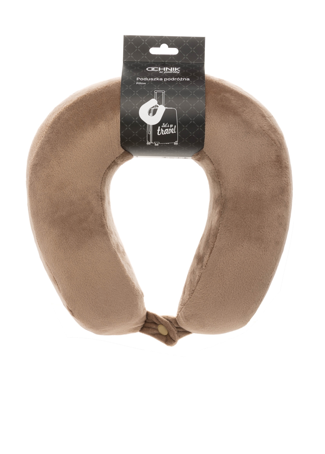Beżowy miękki podgłówek AW-014-0004-1B(W26), widok produktu z opakowaniem na białym tle.