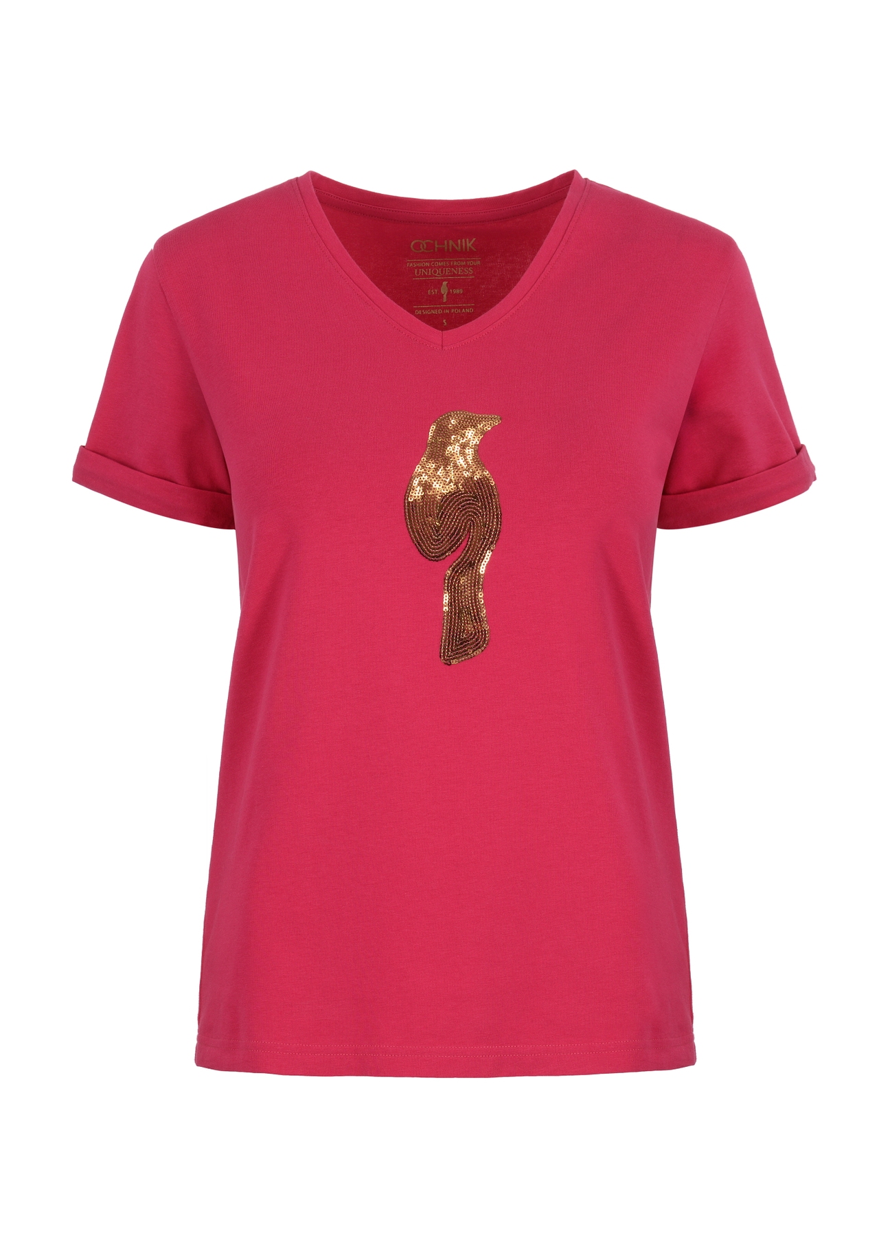 Różowy T-shirt damski z aplikacją wilgi TSHDT-0116-31(Z23)-04