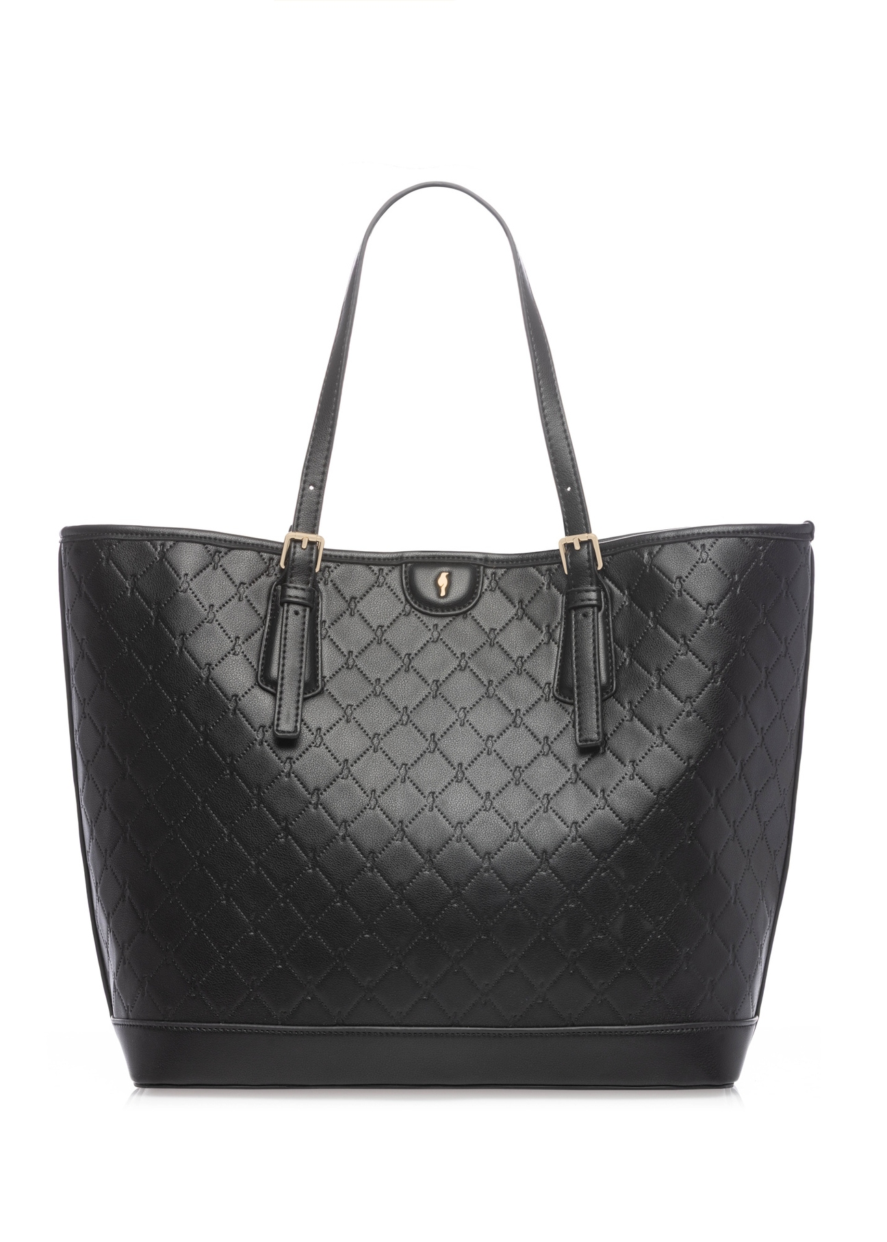 Czarna torebka shopper z monogramem TOREC-1181-9P(W26), widok produktu z przodu na białym tle.