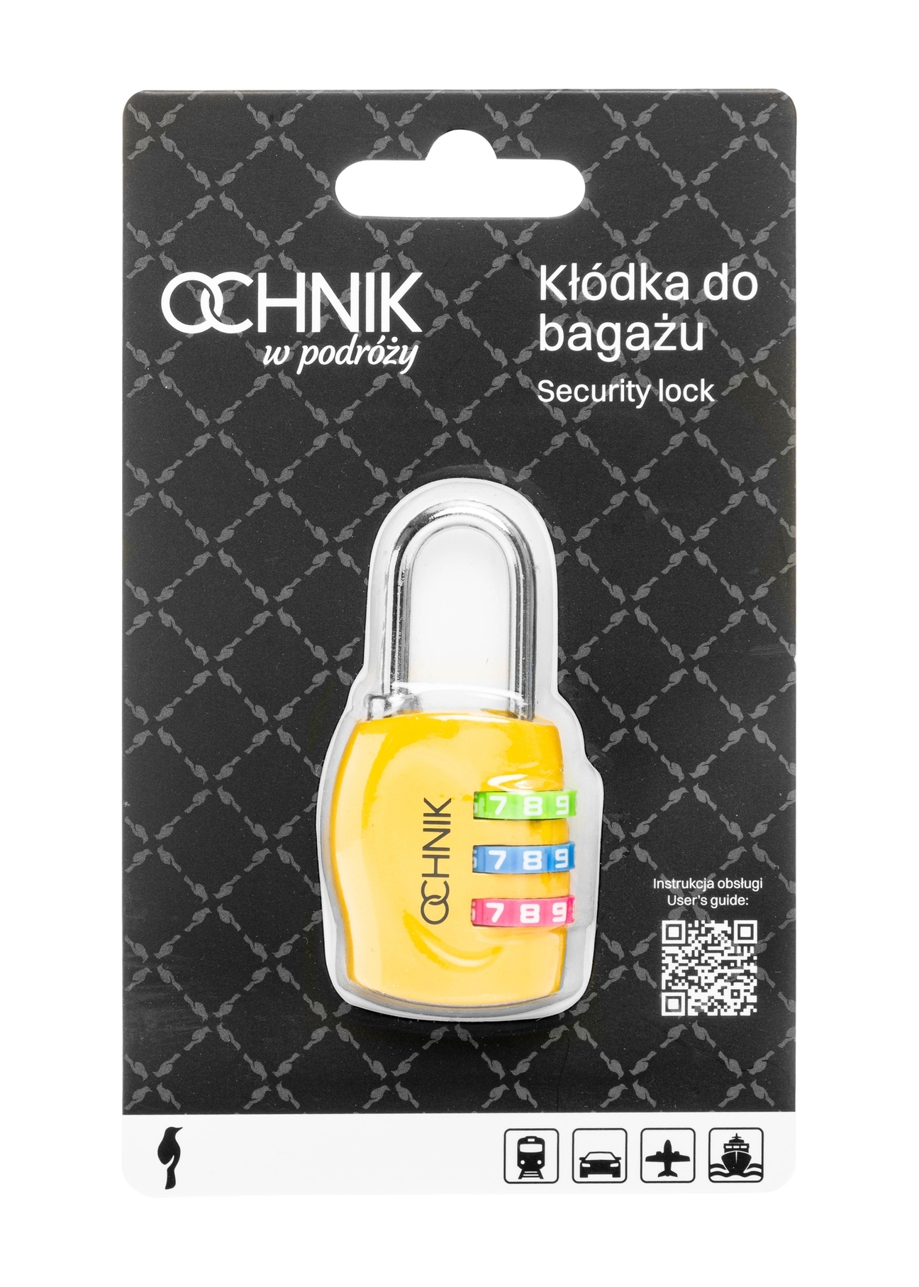 Żółta szyfrowa kłódka AW-015-0005-2B(W26), widok produktu od przodu w opakowaniu na białym tle.