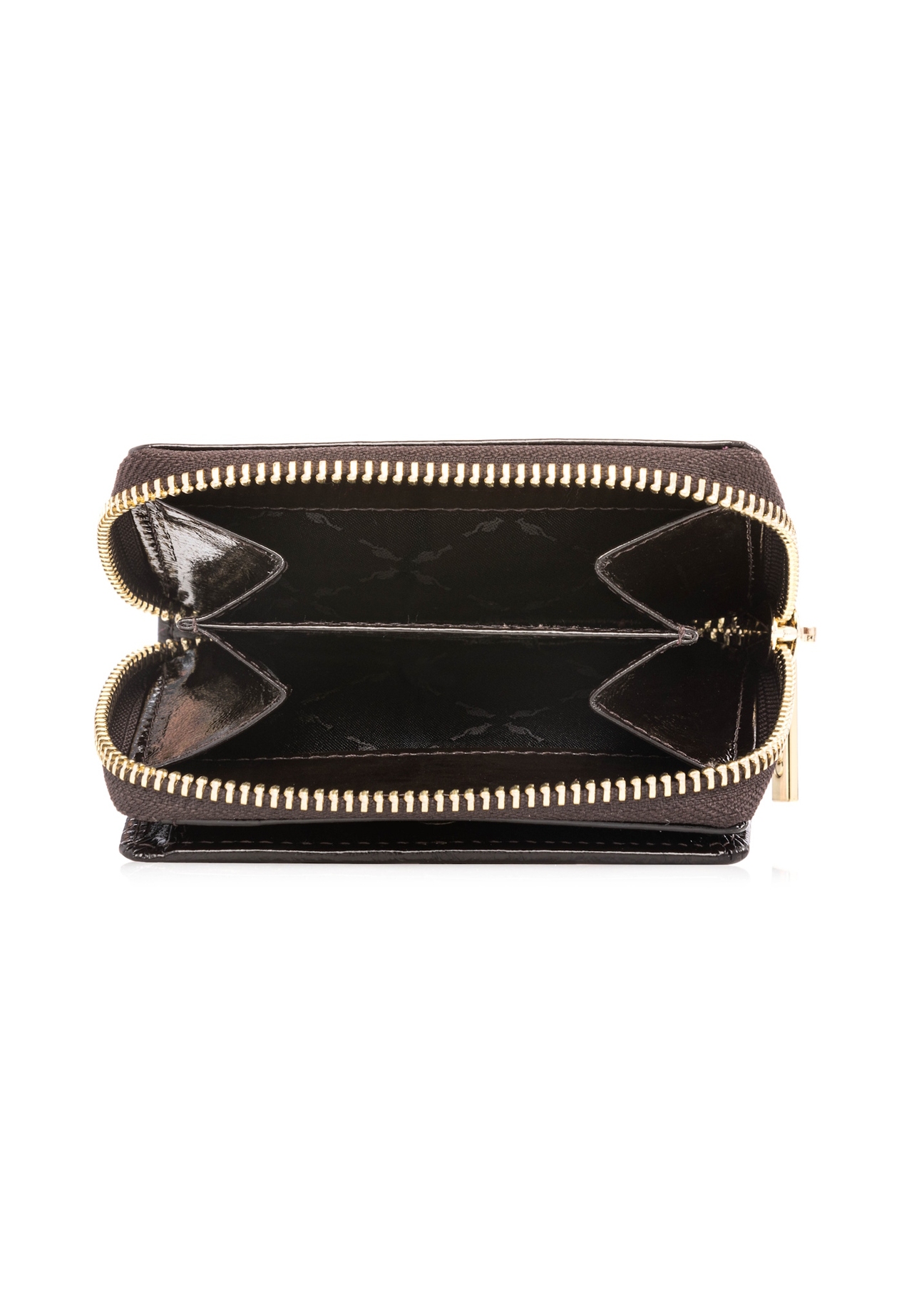 Mały brązowy skórzany portfel damski PORES-0988-1I(W26), widok produktu w środku na białym tle.