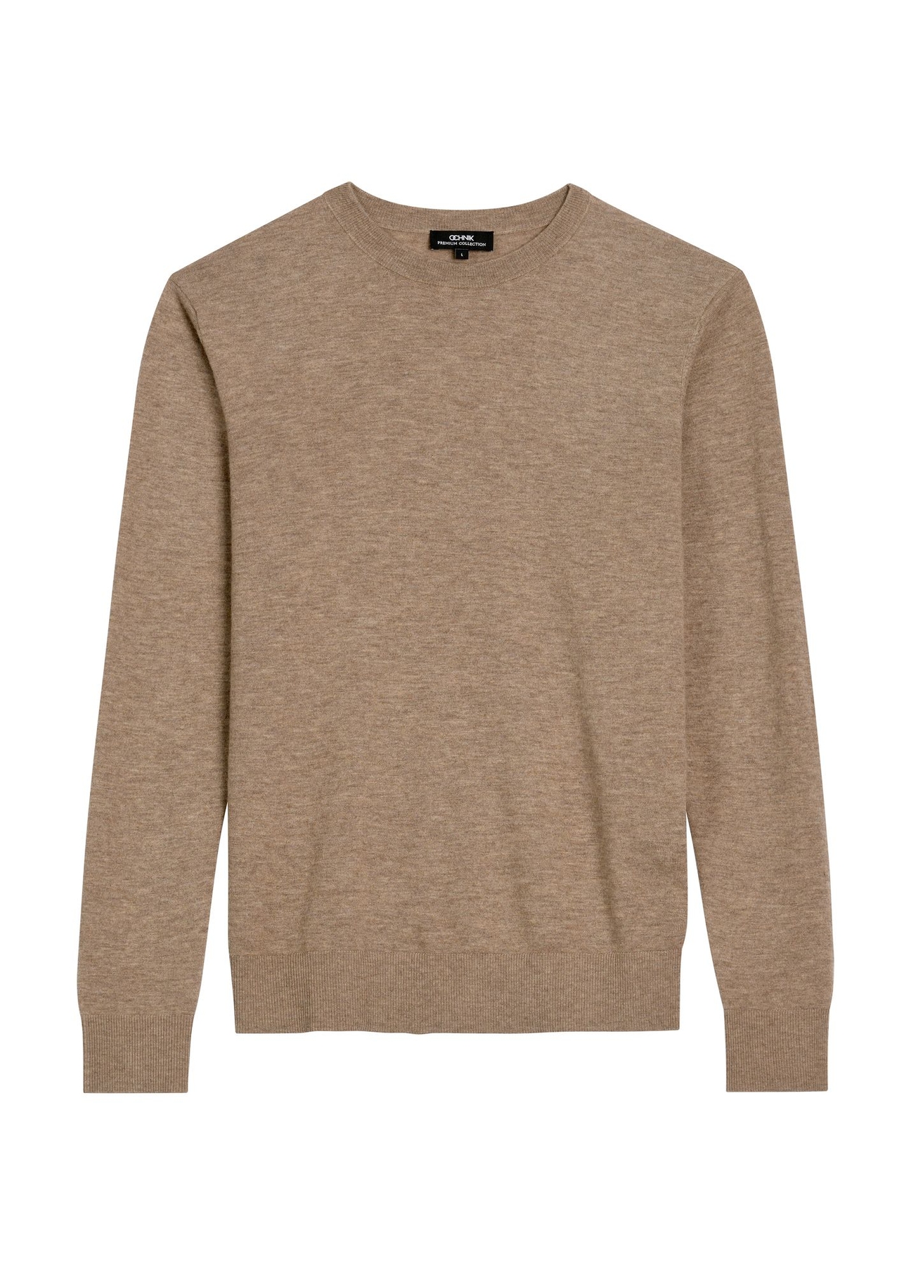 Camelowy wełniany sweter męski SWEMT-0200-1D(Z26) - widok produktu z przodu, na białym tle. 