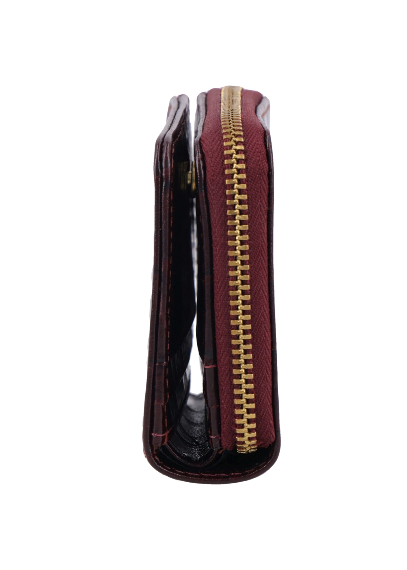 Bordowy portfel damski croco PORES-0888B-4D(Z26), widok produktu z boku na białym tle.
