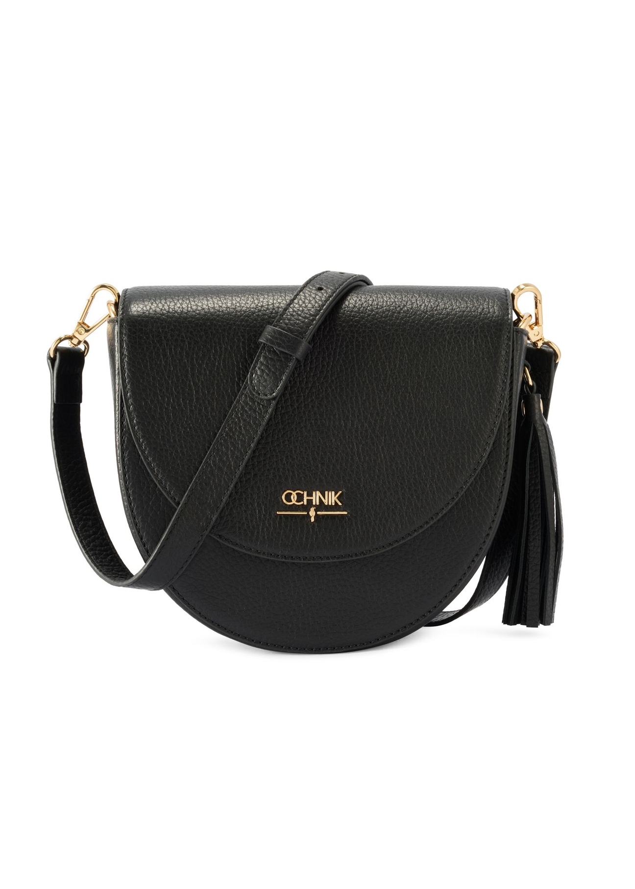 Czarna skórzana listonoszka damska TORES-1283-9I(W26) - widok produktu z przodu, na białym tle. 