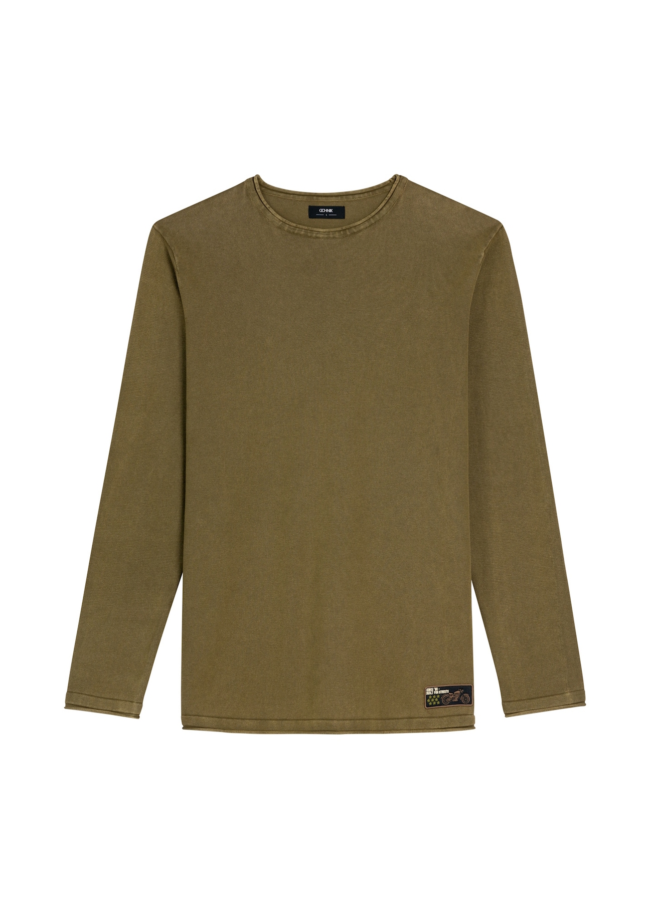 Sweter męski w kolorze khaki SWEMT-0187-8D(W26), widok produktu z przodu na białym tle.