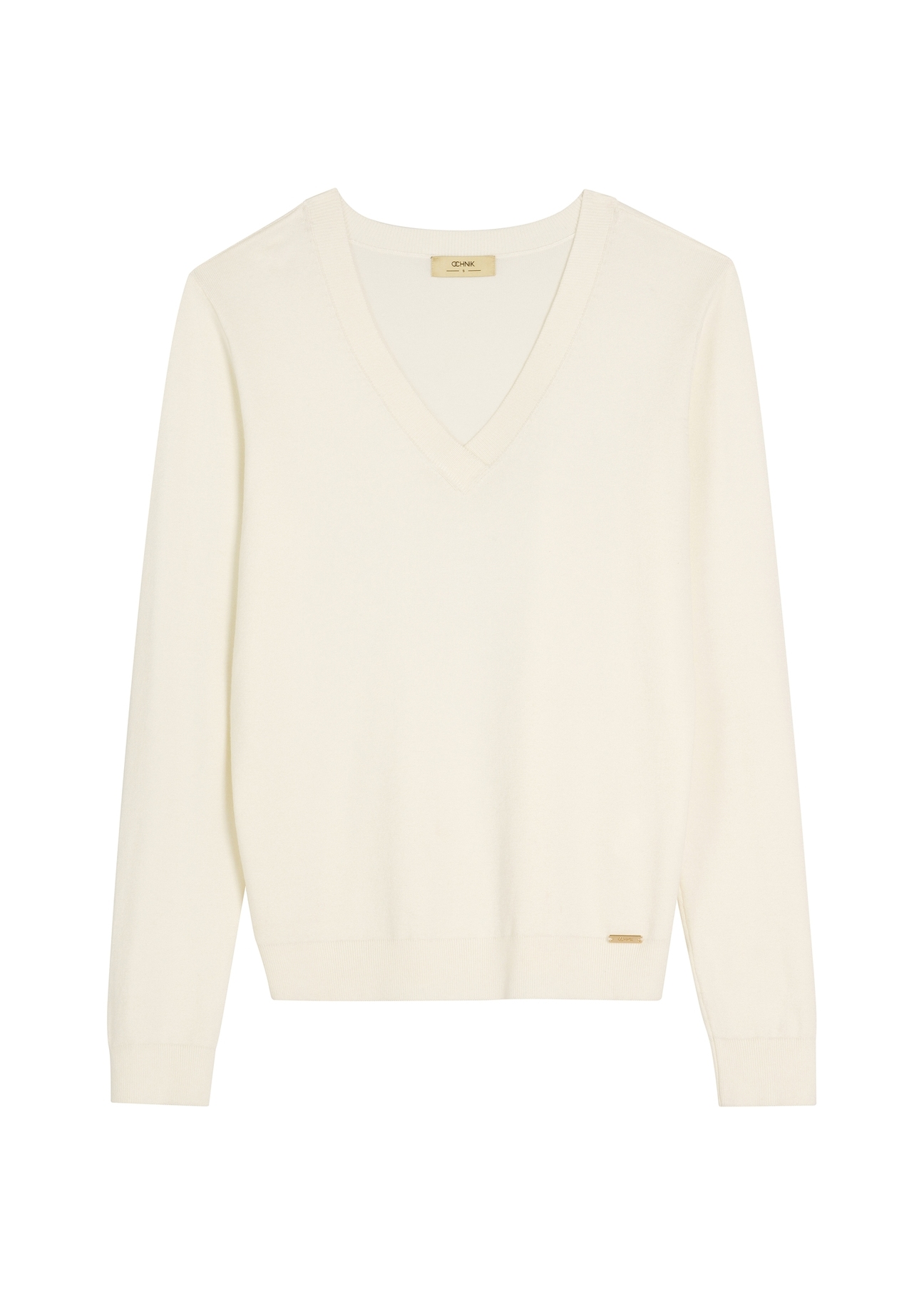 Kremowy sweter z dekoltem V-neck SWEDT-0201-0B(W26), widok produktu z przodu na białym tle.