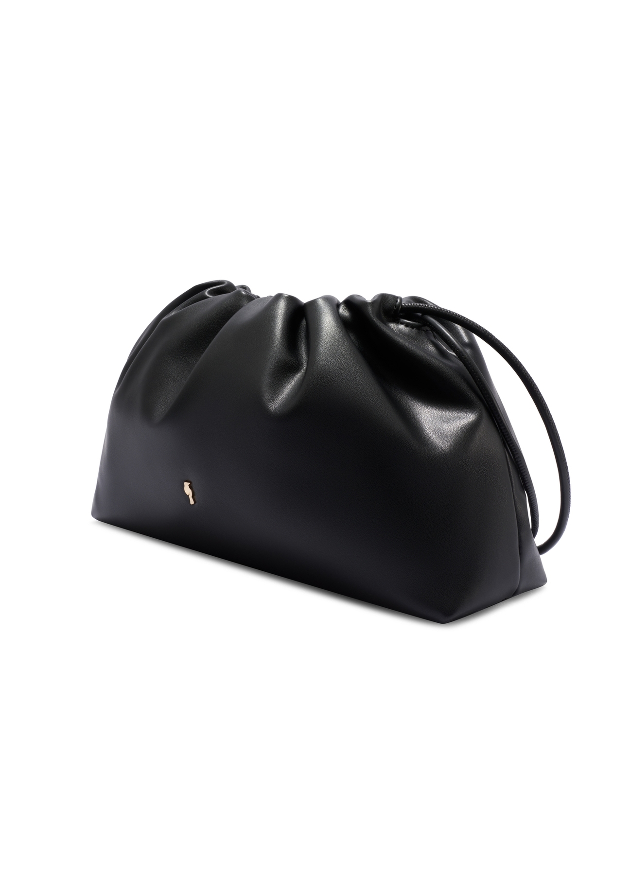 Czarna torebka typu worek TOREC-1215-99(W26) - widok produktu po skosie, na białym tle.  