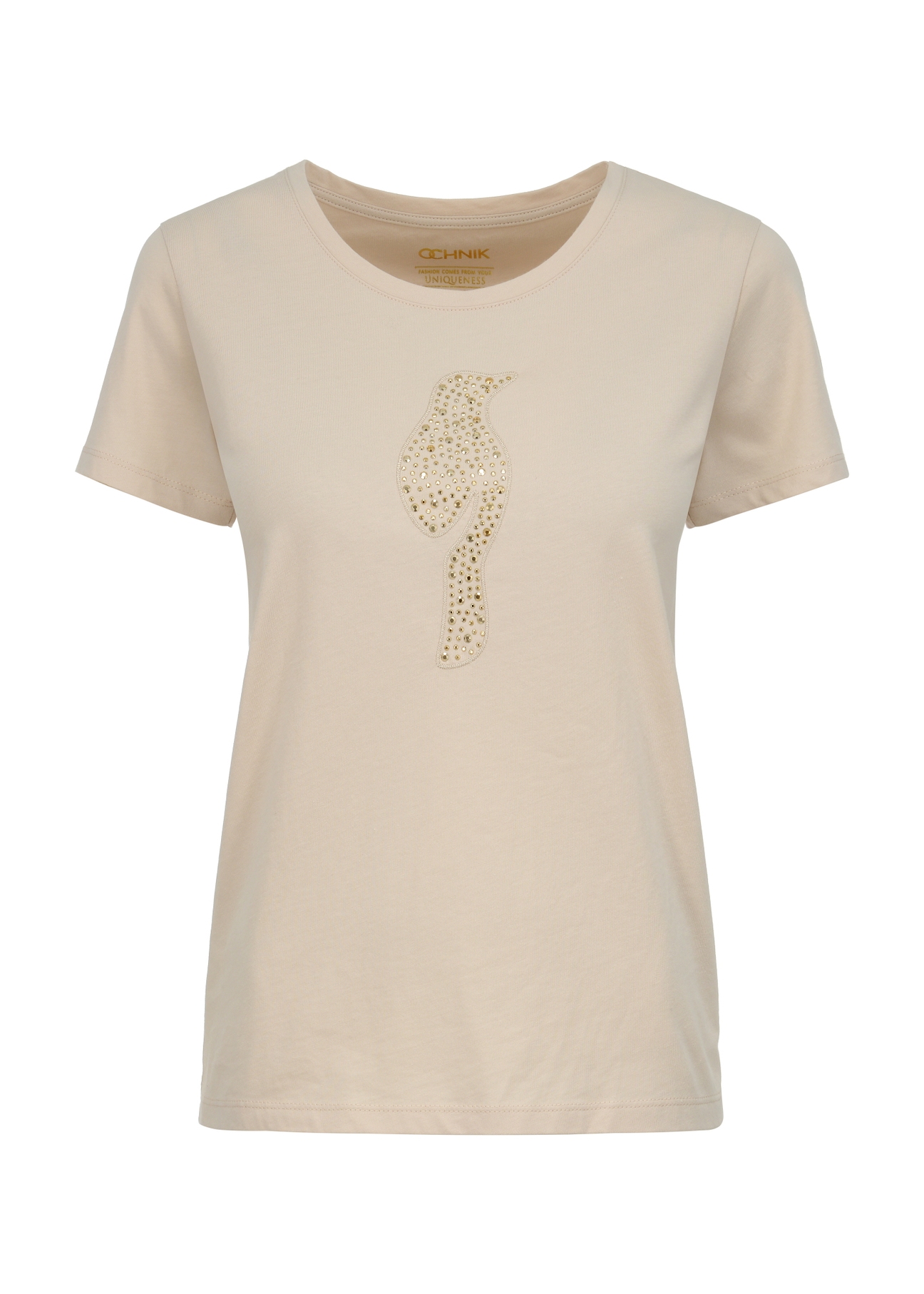 Beżowy T-shirt damski z cekinowym logo TSHDT-0108-81(W23)-03