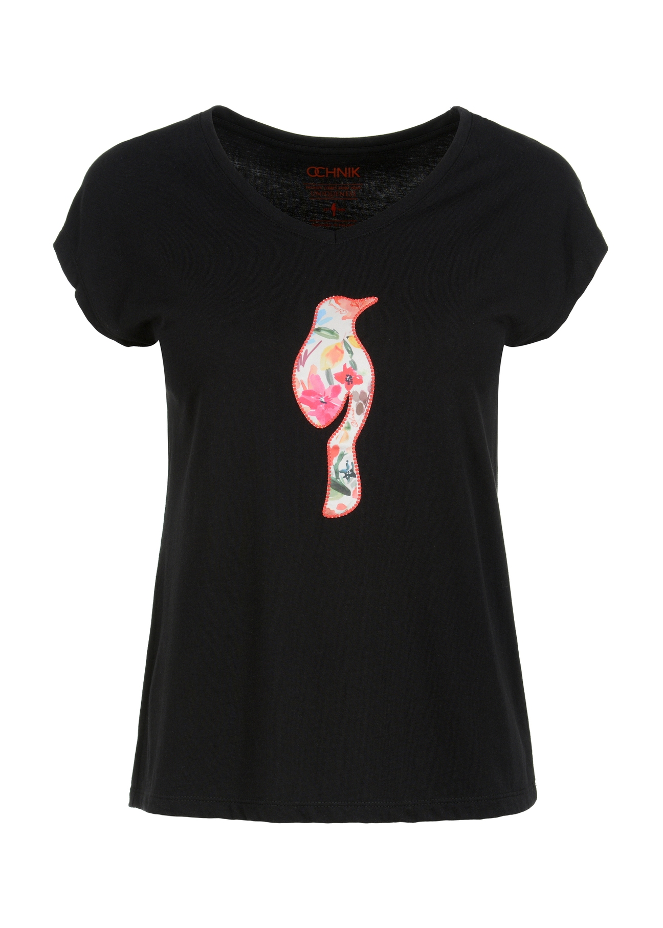 Czarny T-shirt damski z kwiatowym logo TSHDT-0106-99(W23)-03