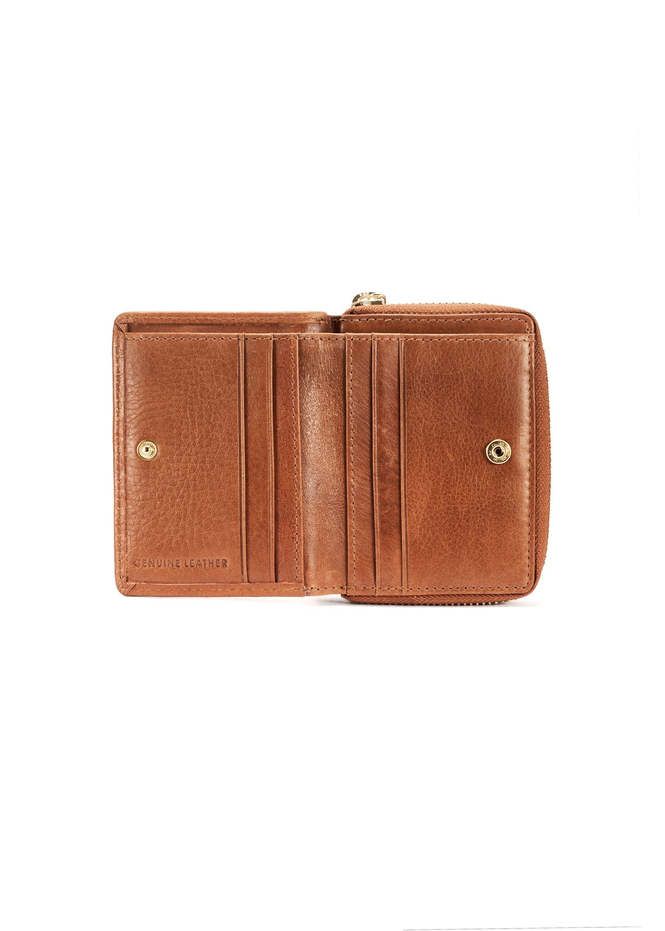 Mały skórzany portfel damski w kolorze koniaku PORES-0963-1F(W26), widok produktu w środku na białym tle.