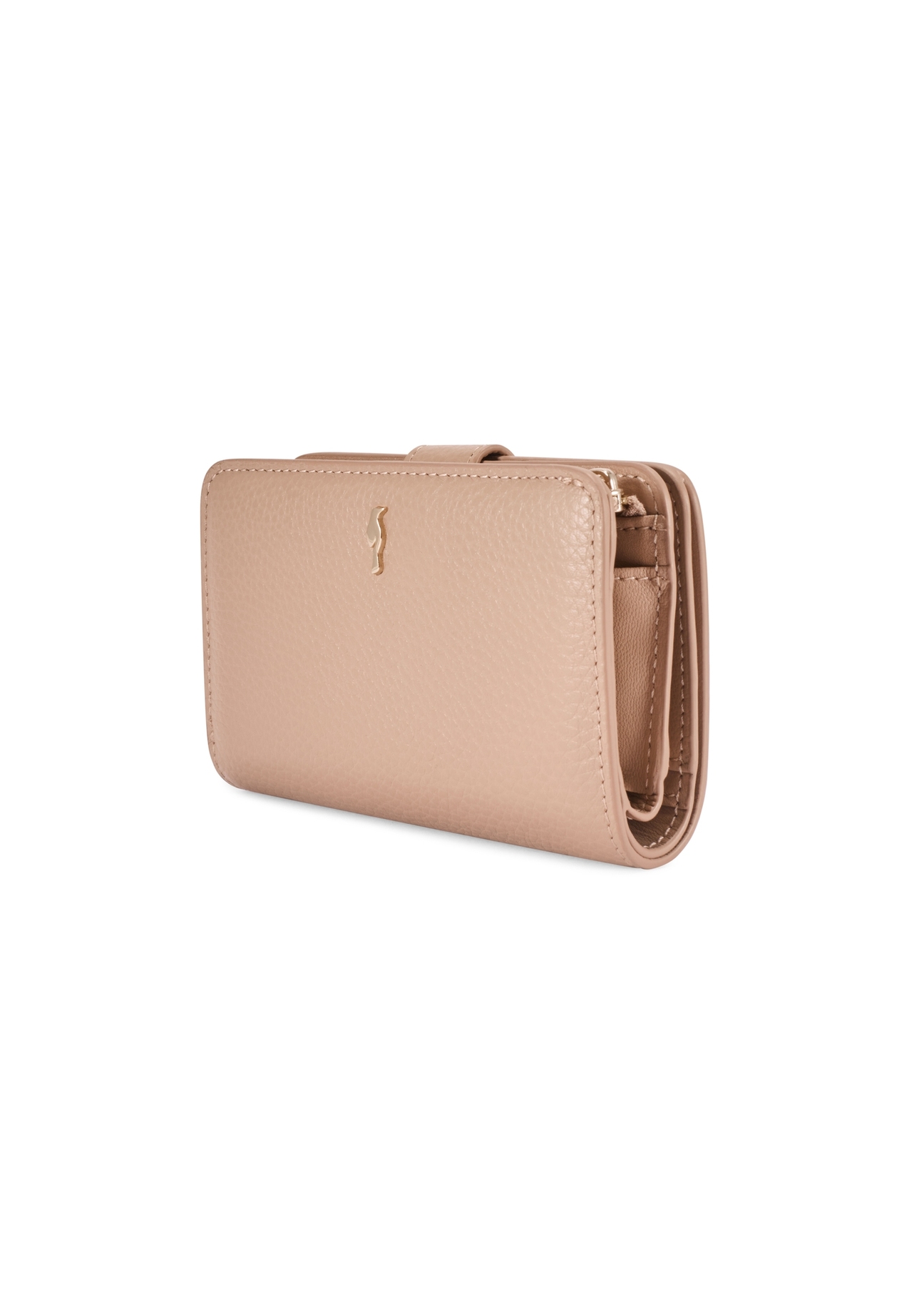 Średni beżowy skórzany portfel damski PORES-0896R-1B(W26), widok produktu skosem na białym tle.