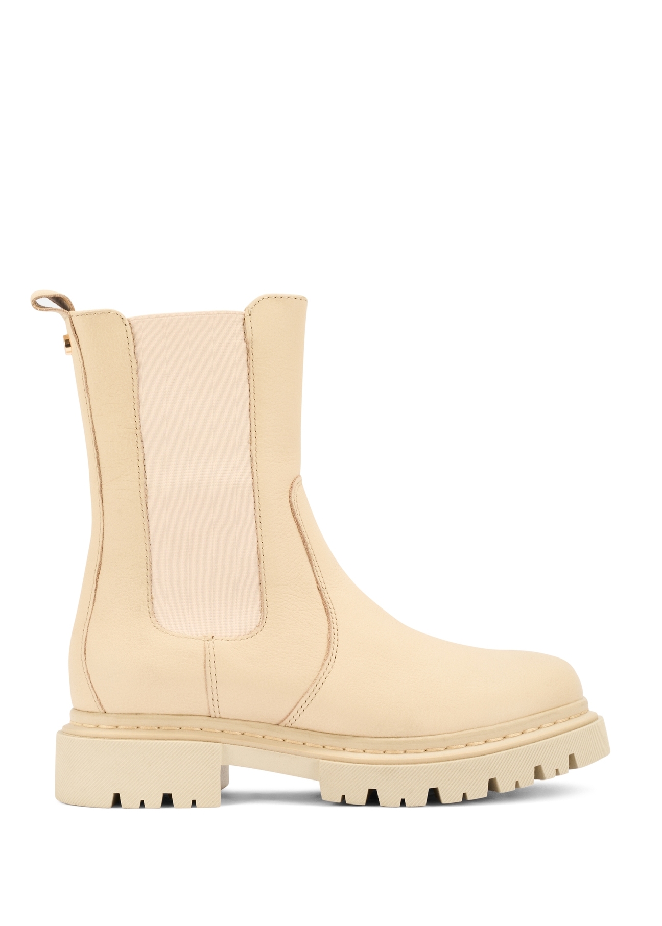 Beżowe skórzane sztyblety damskie BUTYD-1092-81(Z25), widok produktu od boku na białym tle.