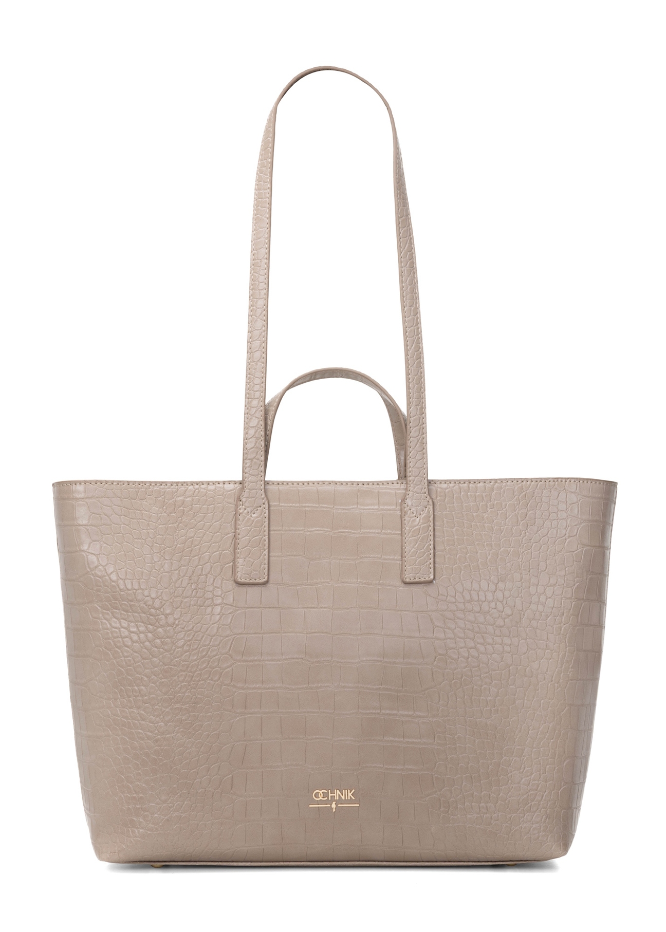 Beżowa torebka damska shopper TOREC-1204-1D(W26), widok produktu z przodu na białym tle.