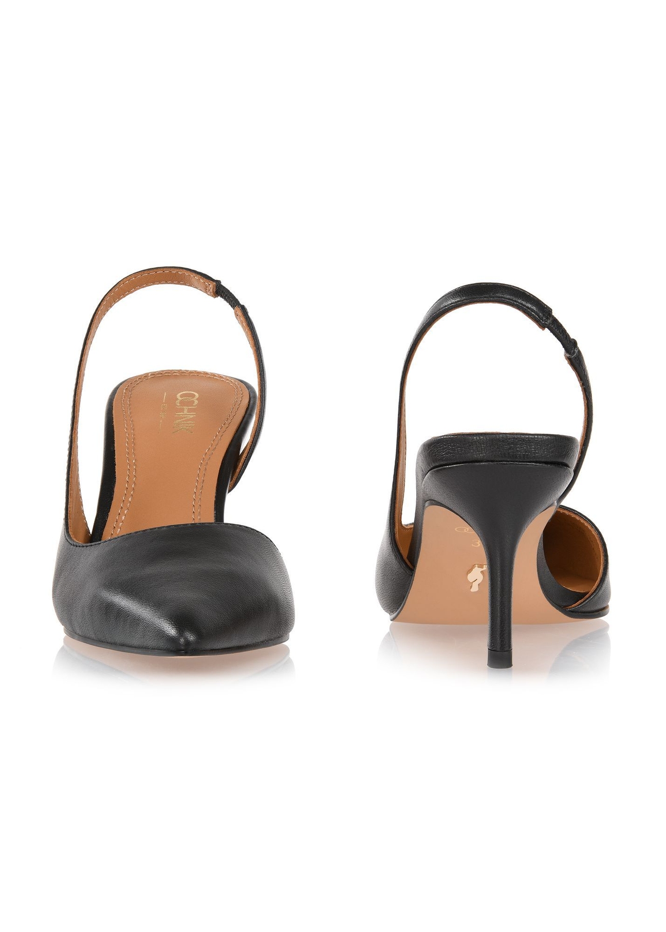 Czarne skórzane czółenka z wyciętą piętą BUTYD-1078A-99(W26), widok produktu z przodu i tyłu na białym tle.