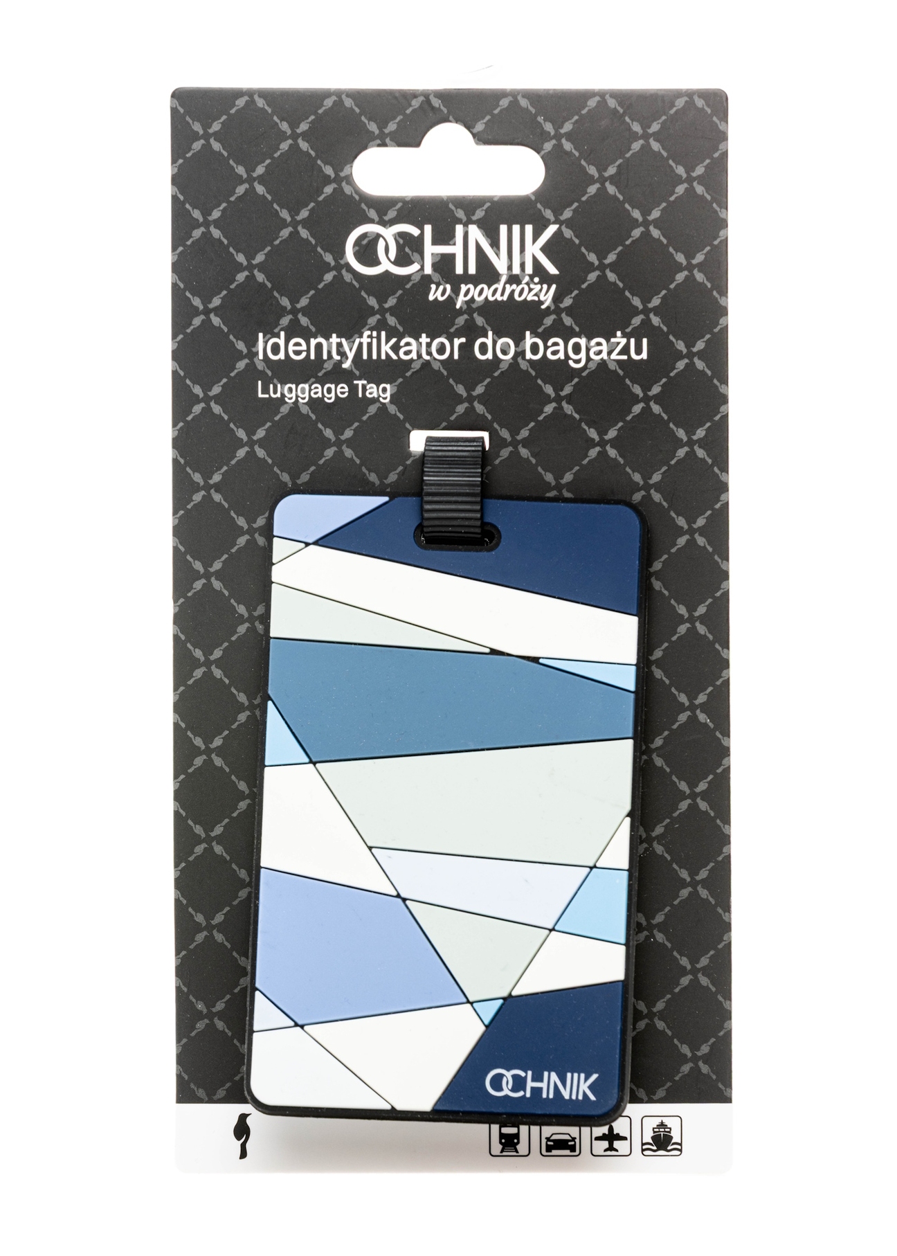 Identyfikator do bagażu AW-012-0005-7P(W26), widok produktu z opakowaniem na białym tle.