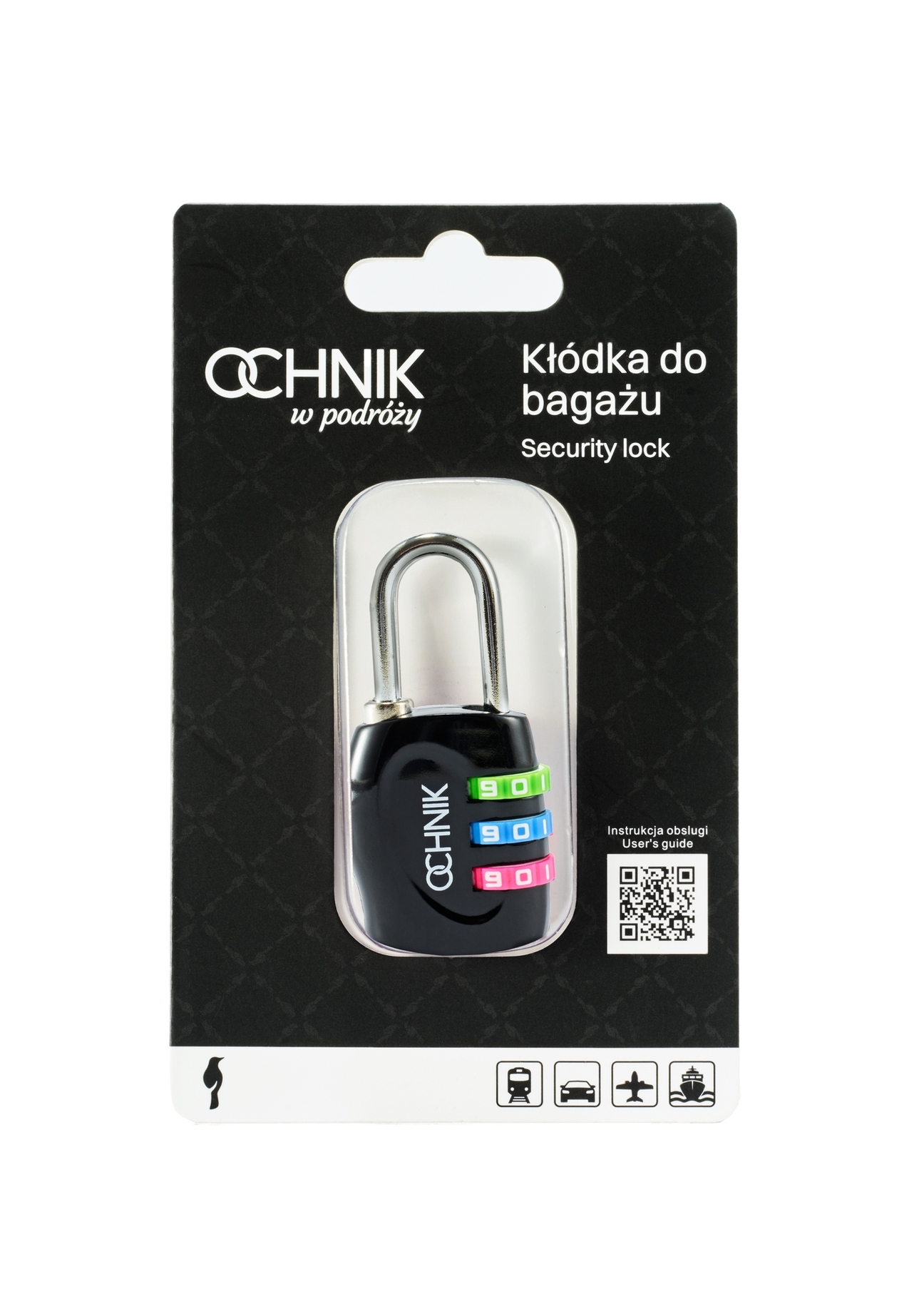 Czarna szyfrowa kłódka AW-015-0001-99(W25), widok produktu przodem w opakowaniu na białym tle.