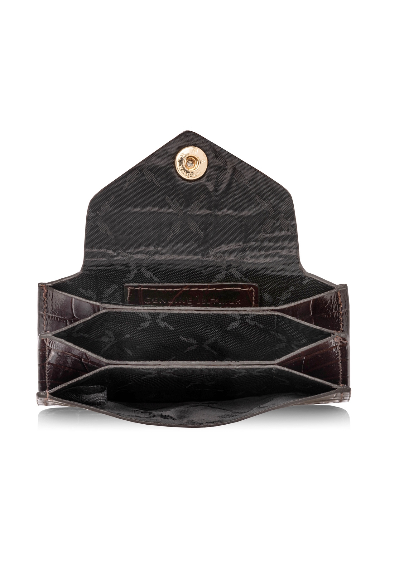 Mały brązowy skórzany portfel damski PORES-0890-1H(W26), widok produktu w środku na białym tle.