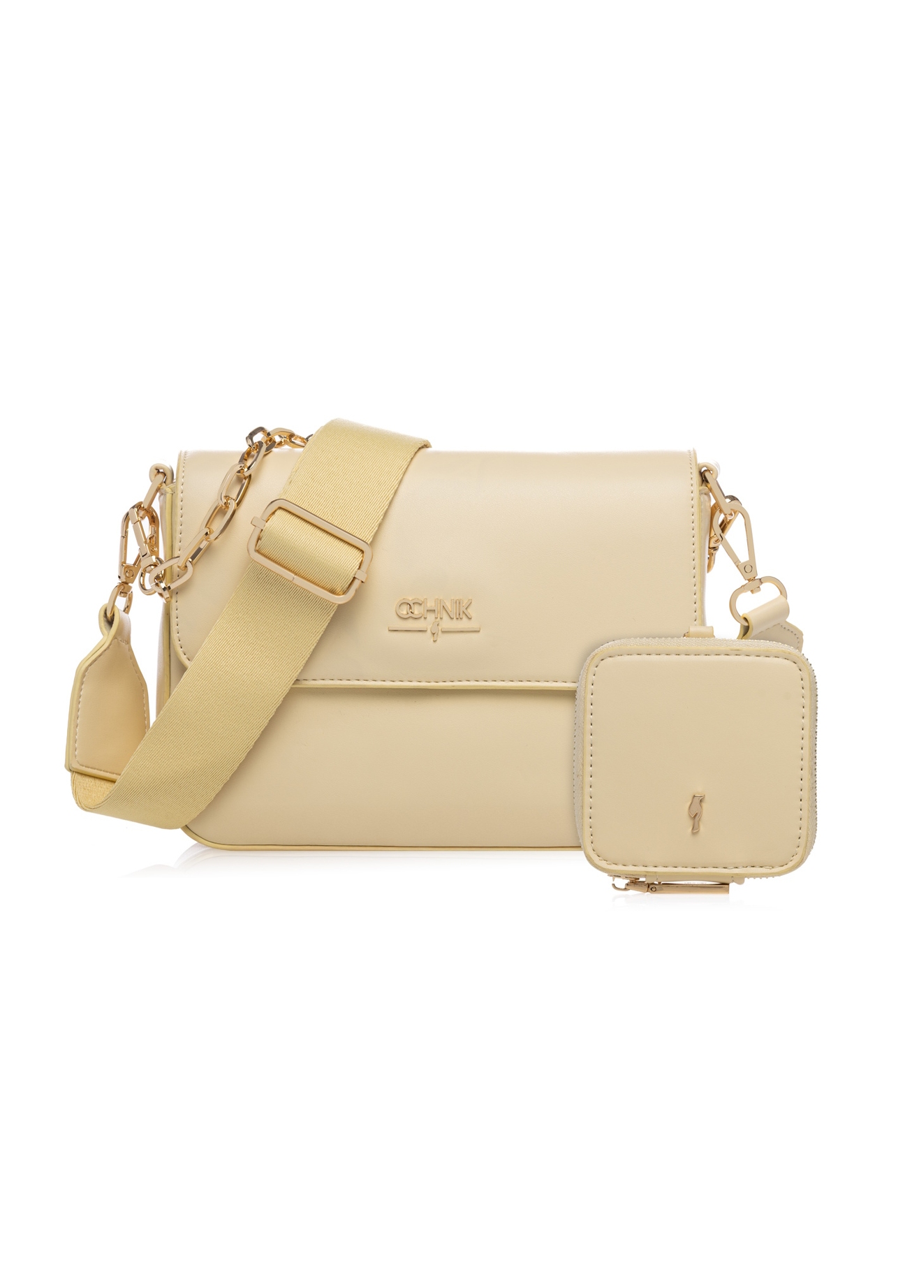 Jasnożółta listonoszka damska z łańcuszkiem TOREC-0767-2A(W26), widok produktu z przodu na białym tle.