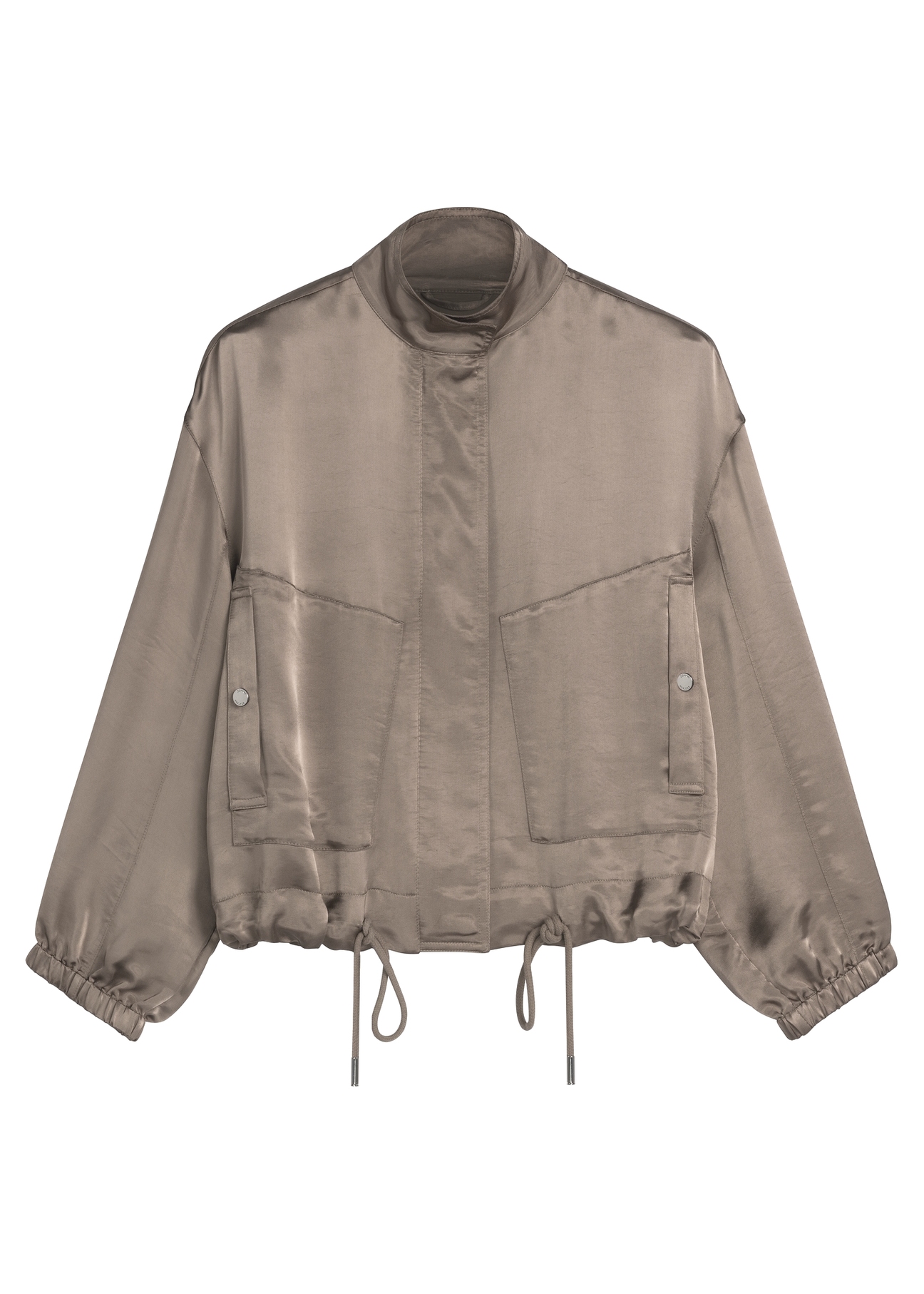 Lekka beżowa bomberka damska KURDT-0627-1K(W26) - widok produktu z przodu, na białym tle. 