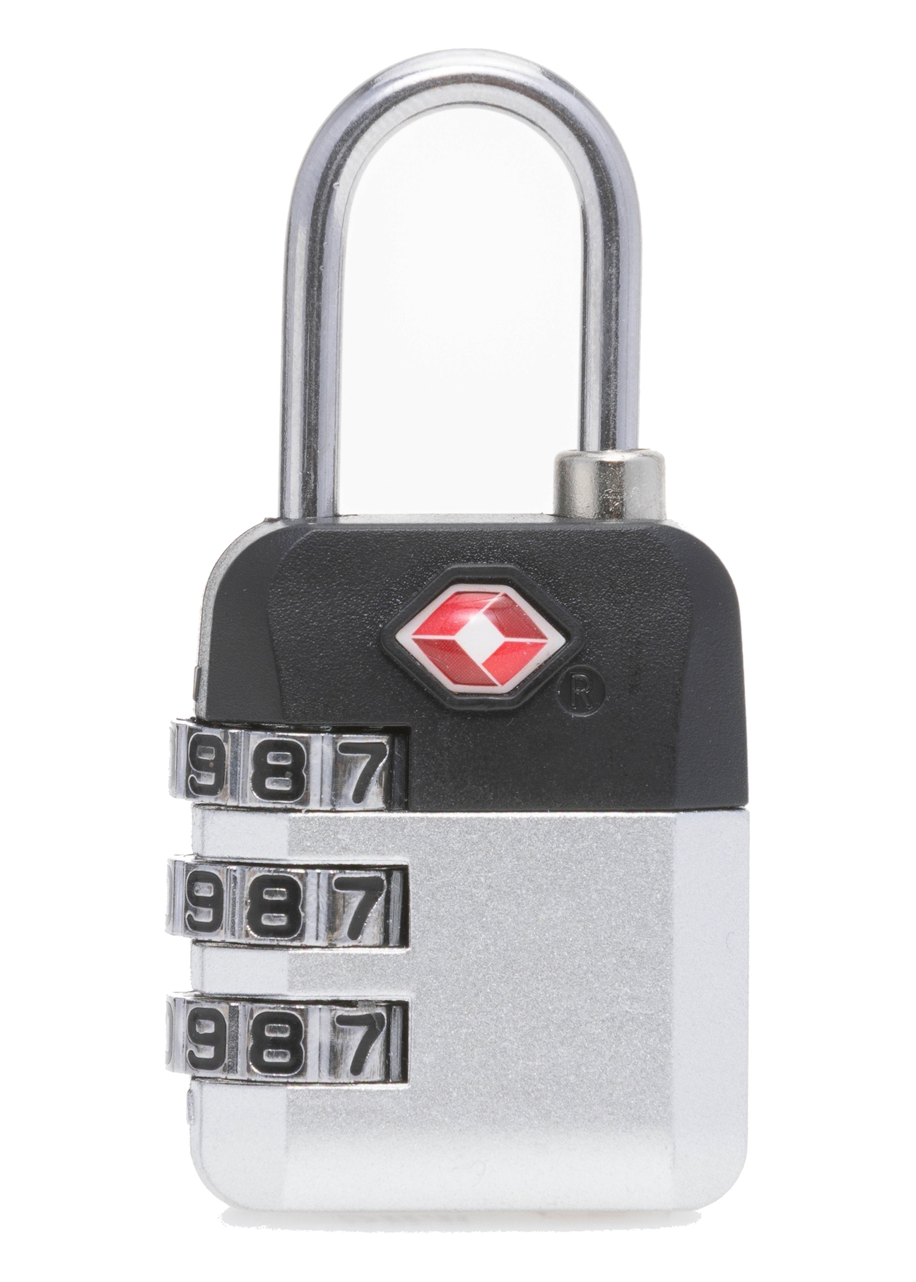 Srebrna szyfrowa kłódka TSA AW-015-0004-92(W25), widok produktu tyłem na białym tle.