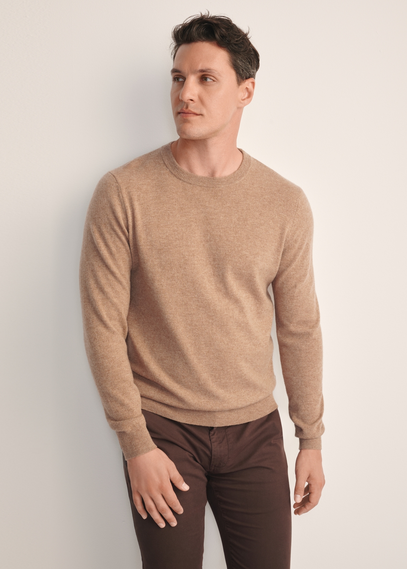 Camelowy sweter męski SWEMT-0186-24(Z25), widok produktu z przodu na modelu. Widoczna połowa sylwetki.
