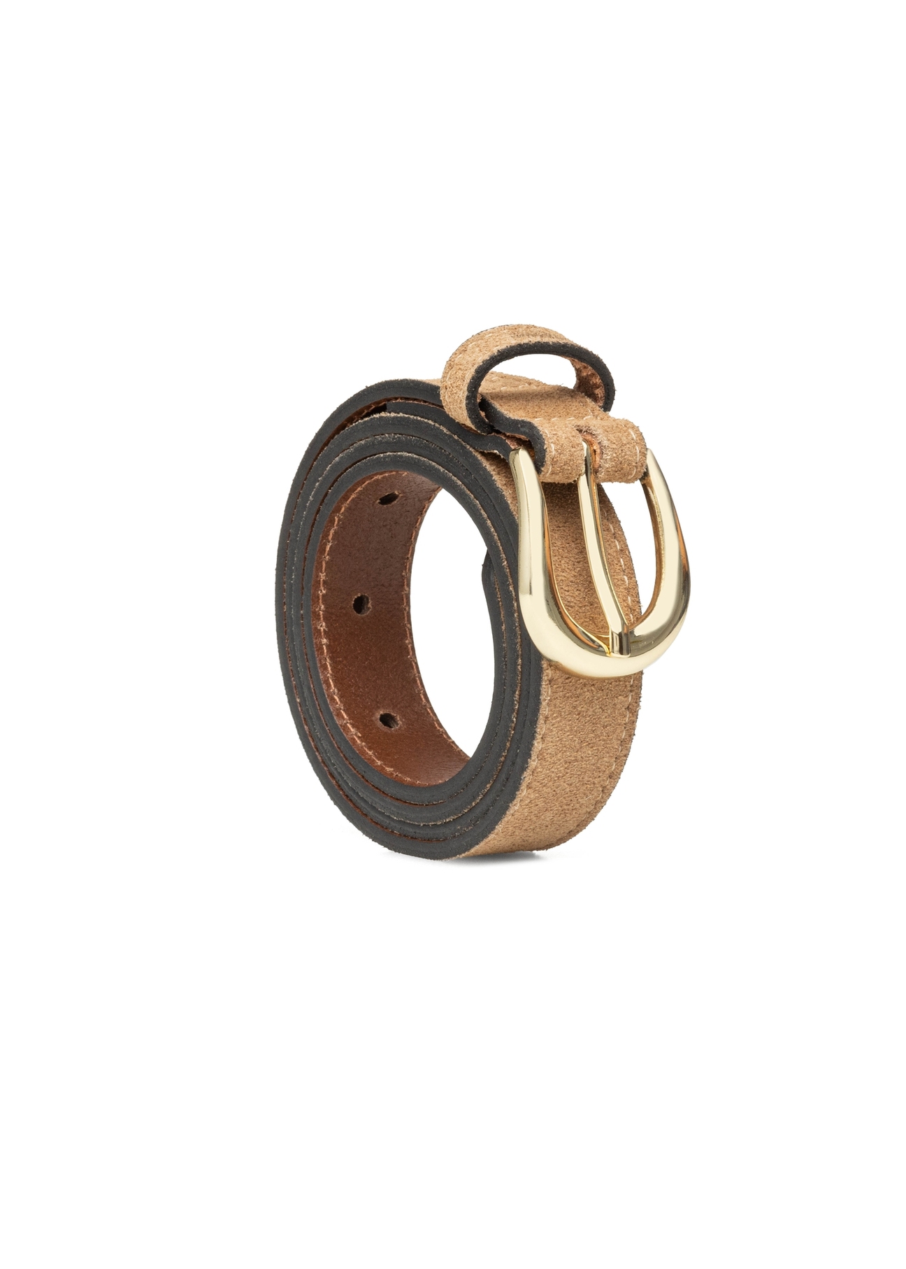 Ciemnobeżowy skórzany pasek damski PASDS-0303-1C(W26) - widok produktu z przodu, na białym tle.