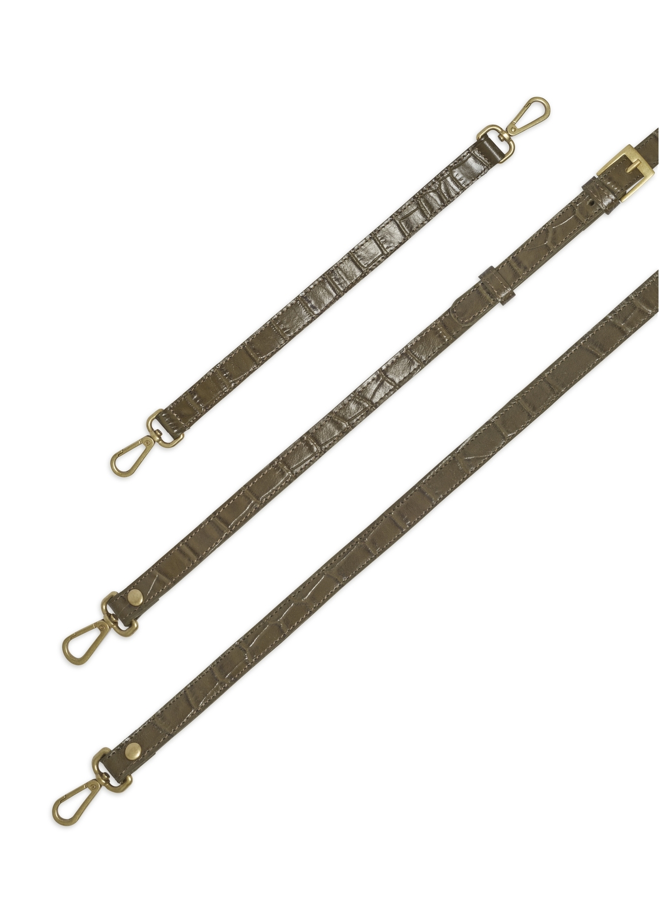 Skórzana khaki torebka croco TORES-1326-8D(Z26), widok zbliżenia na paski na jasnym tle.