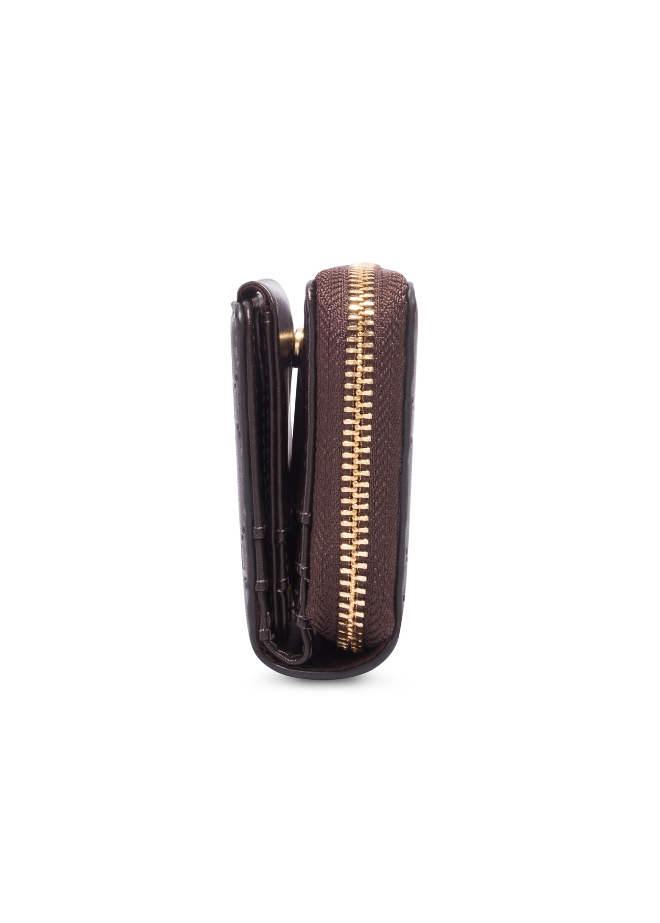Mały brązowy portfel damski z monogramem POREC-0349A-1I(Z26), widok produktu z boku na białym tle.